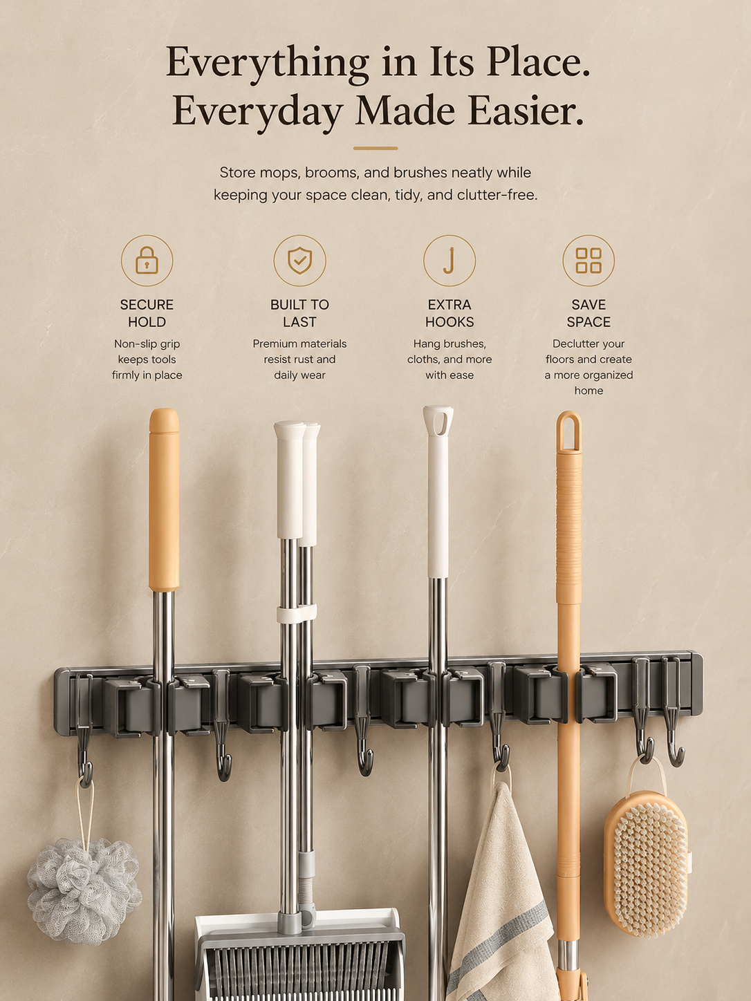 Wall Mounted Broom & Mop Holder – 4 Position Organizer Rack with 5 Utility Hooks