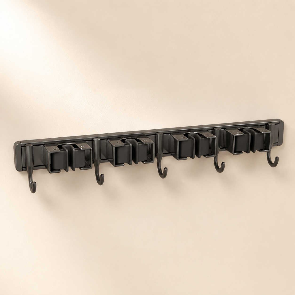 Wall Mounted Broom & Mop Holder – 4 Position Organizer Rack with 5 Utility Hooks