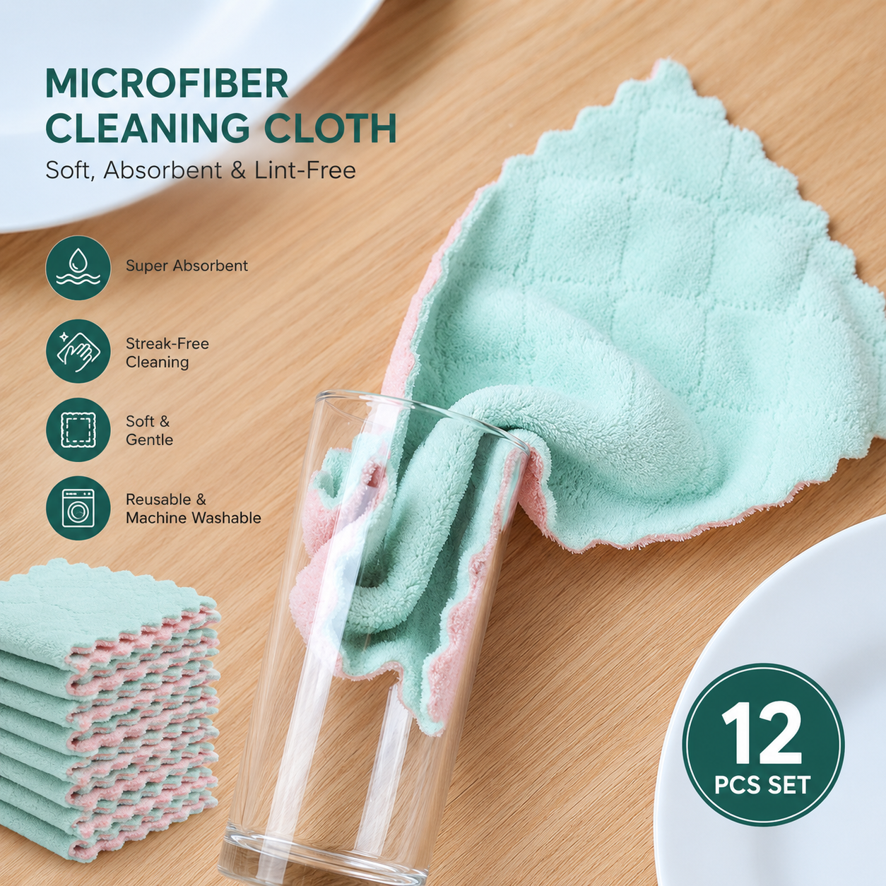 12-Piece Premium Microfiber Cleaning Cloth Set – Soft Reusable Towels for Kitchen, Glass & Household Cleaning