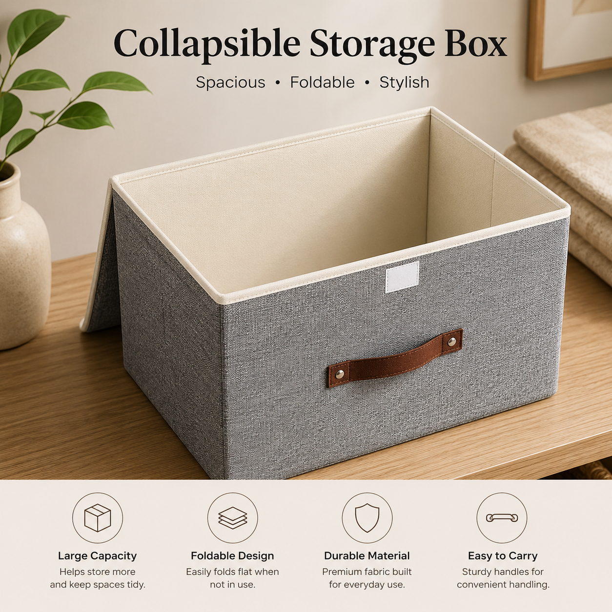 Foldable Fabric Storage Box with Lid – Closet & Shelf Organizer with Reinforced Handles