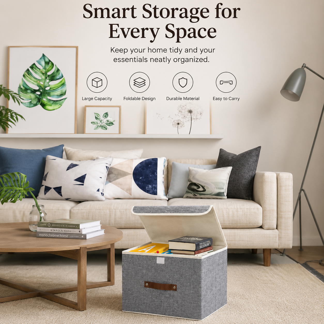 Foldable Fabric Storage Box with Lid – Closet & Shelf Organizer with Reinforced Handles