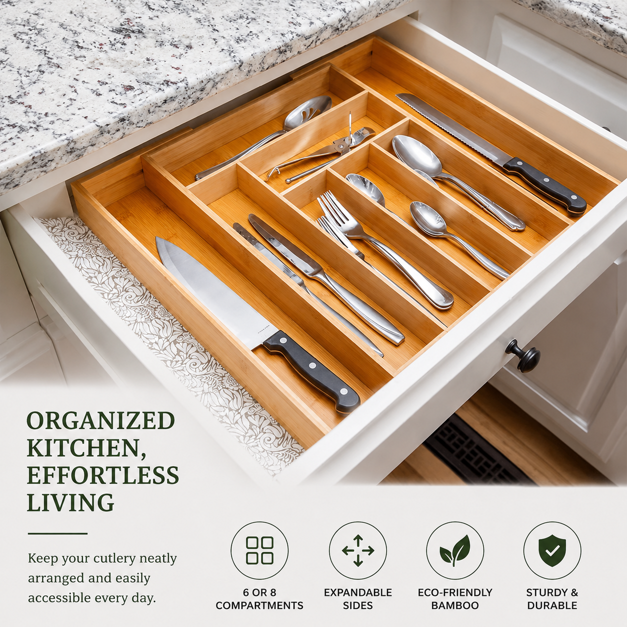 Expandable Bamboo Cutlery Organizer for Kitchen Drawers