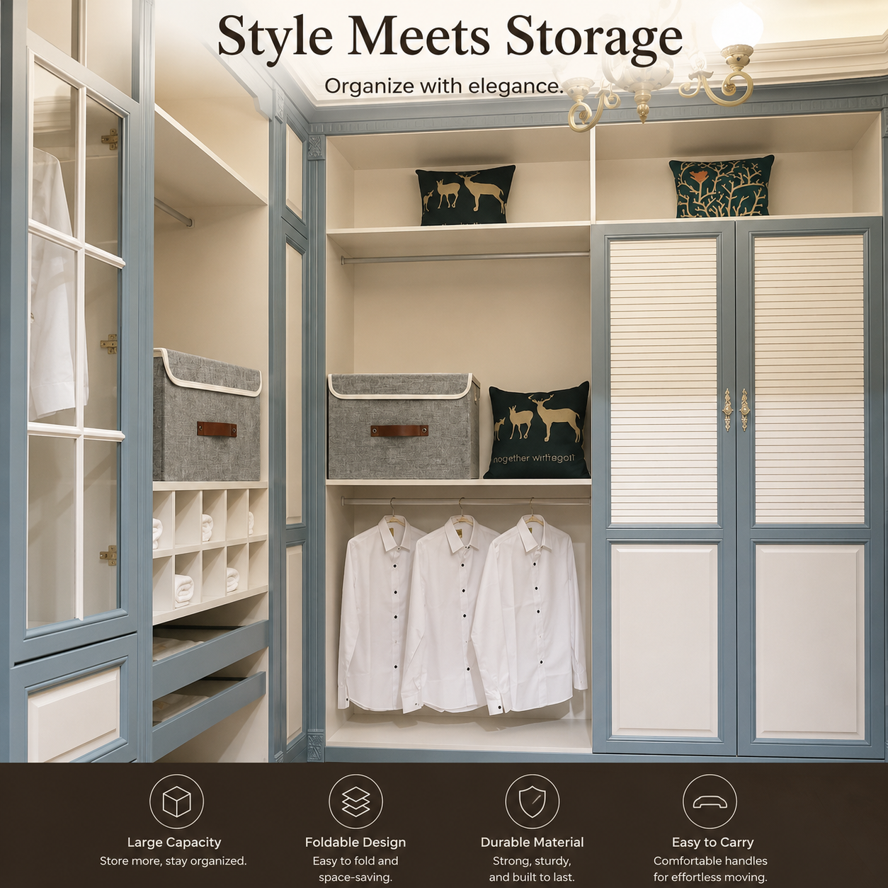 Foldable Fabric Storage Box with Lid – Closet & Shelf Organizer with Reinforced Handles