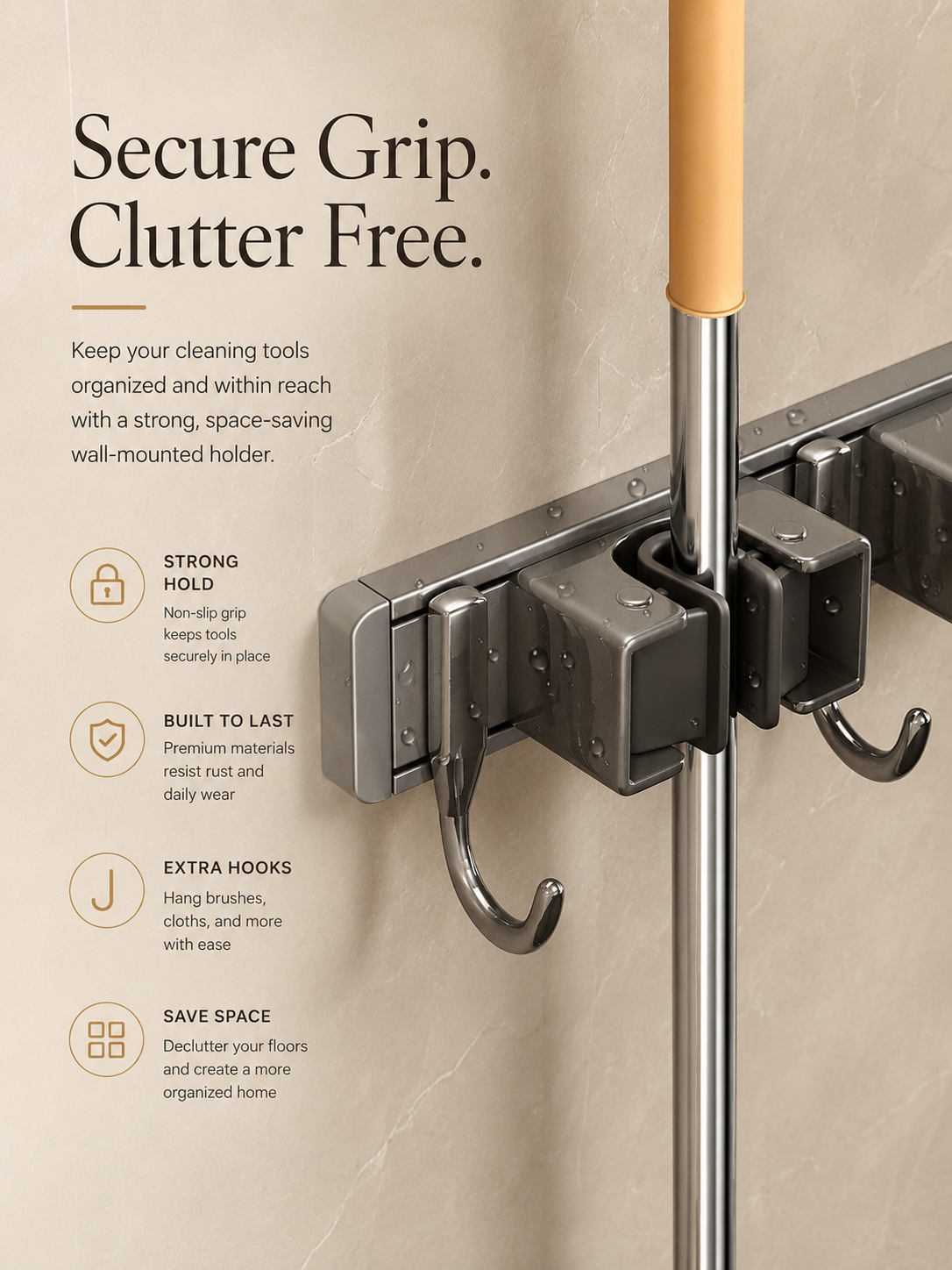 Wall Mounted Broom & Mop Holder – 4 Position Organizer Rack with 5 Utility Hooks