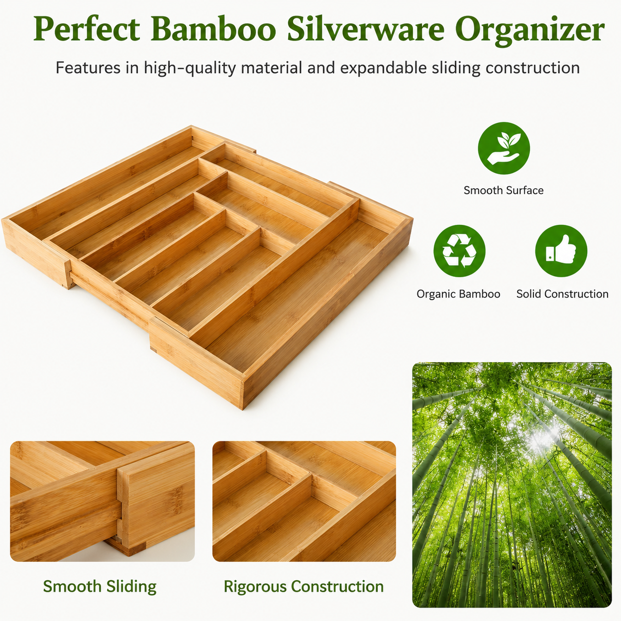Expandable Bamboo Cutlery Organizer for Kitchen Drawers