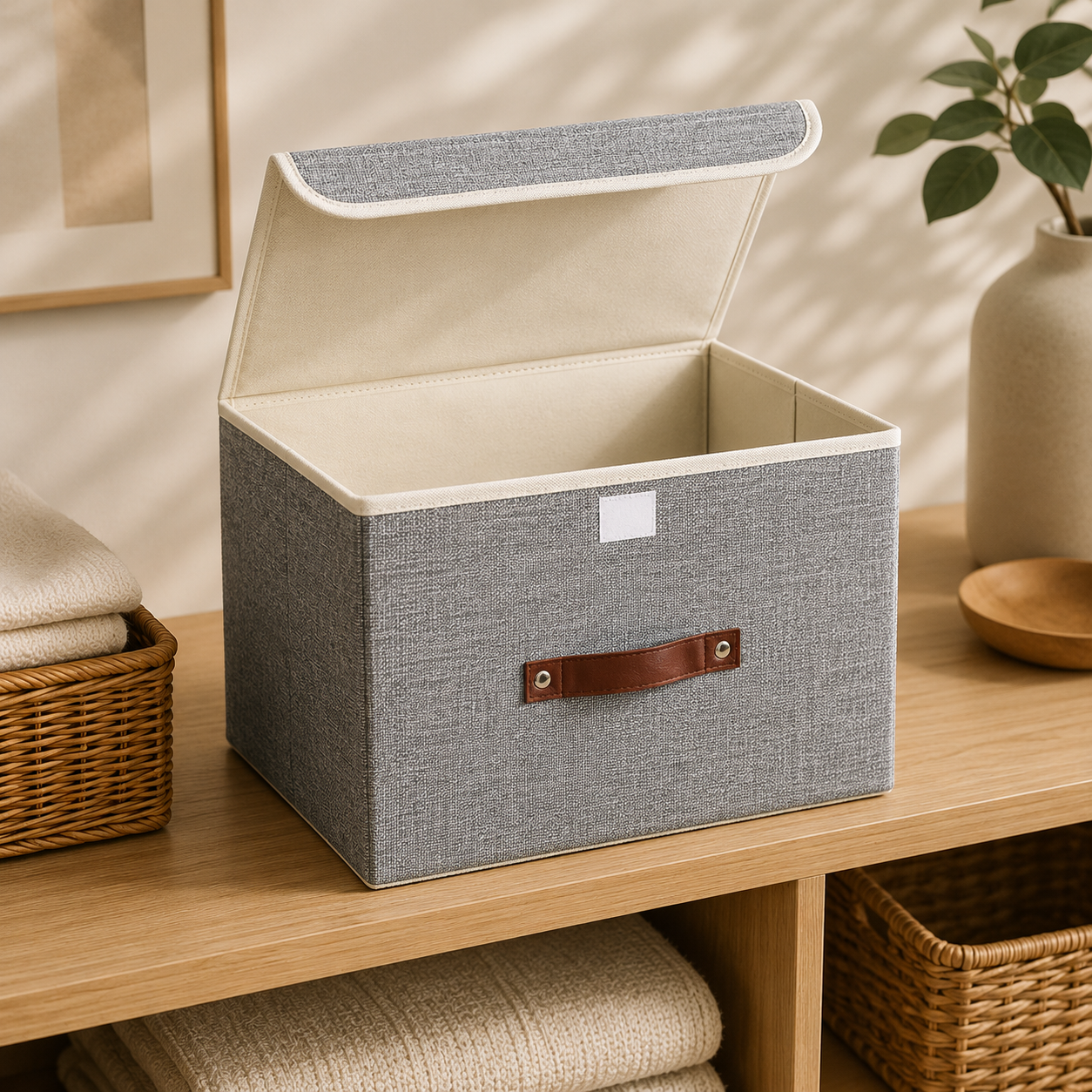Foldable Fabric Storage Box with Lid – Closet & Shelf Organizer with Reinforced Handles