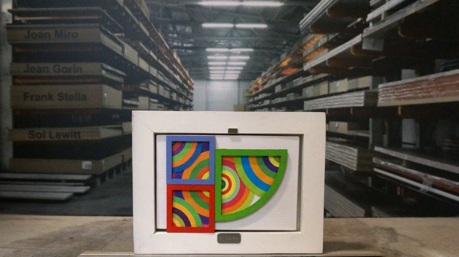 Frank Stella recreations in miniature focus on his "Protractor" series (1967-1971) and explore Maximalism through a custom collage made from an original work with wood.