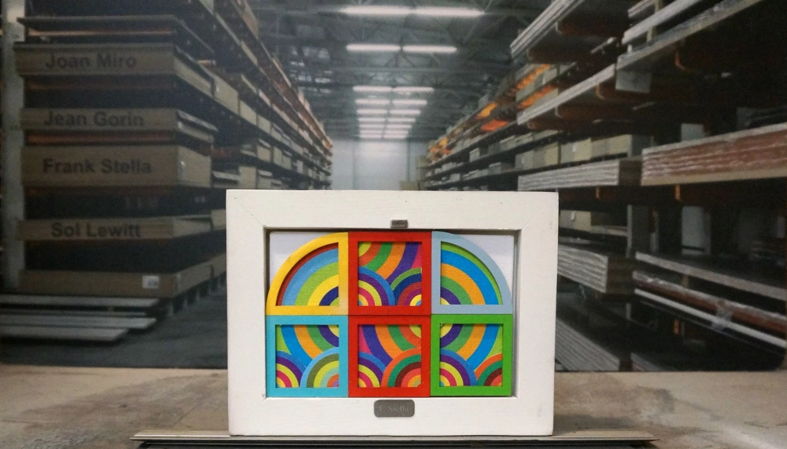 Frank Stella  recreations in miniature covering his "Protractor" series and Maximalism utilizing a custom collage from an original work with wood. 
