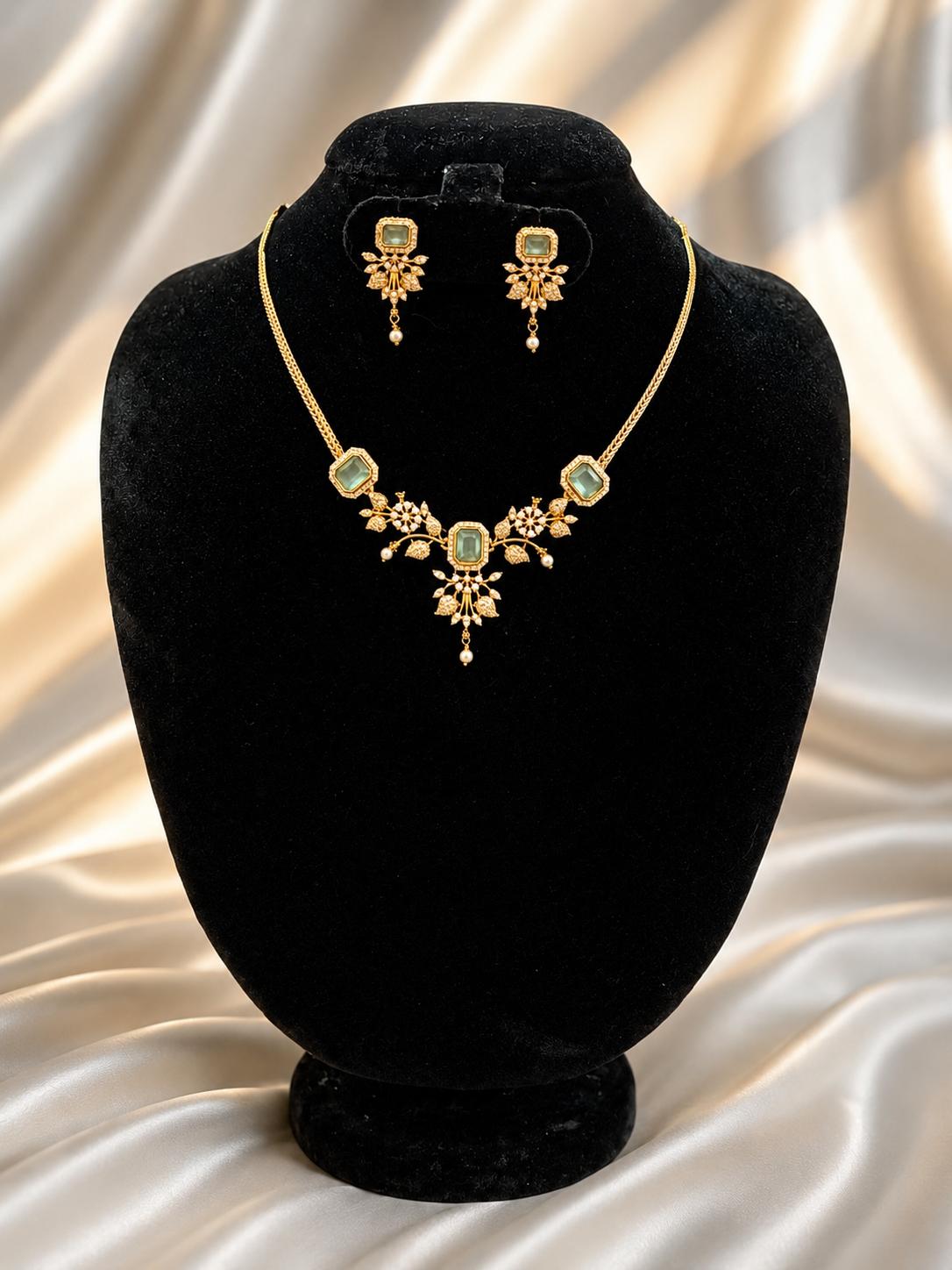 Gold-Plated Emerald Attigai Collar Necklace Set