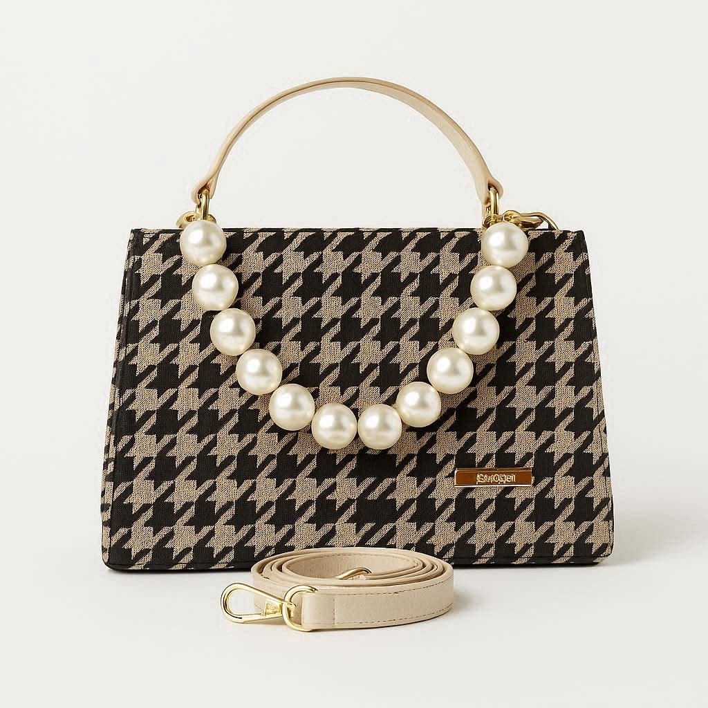 Houndstooth Pearl Handle Handbag