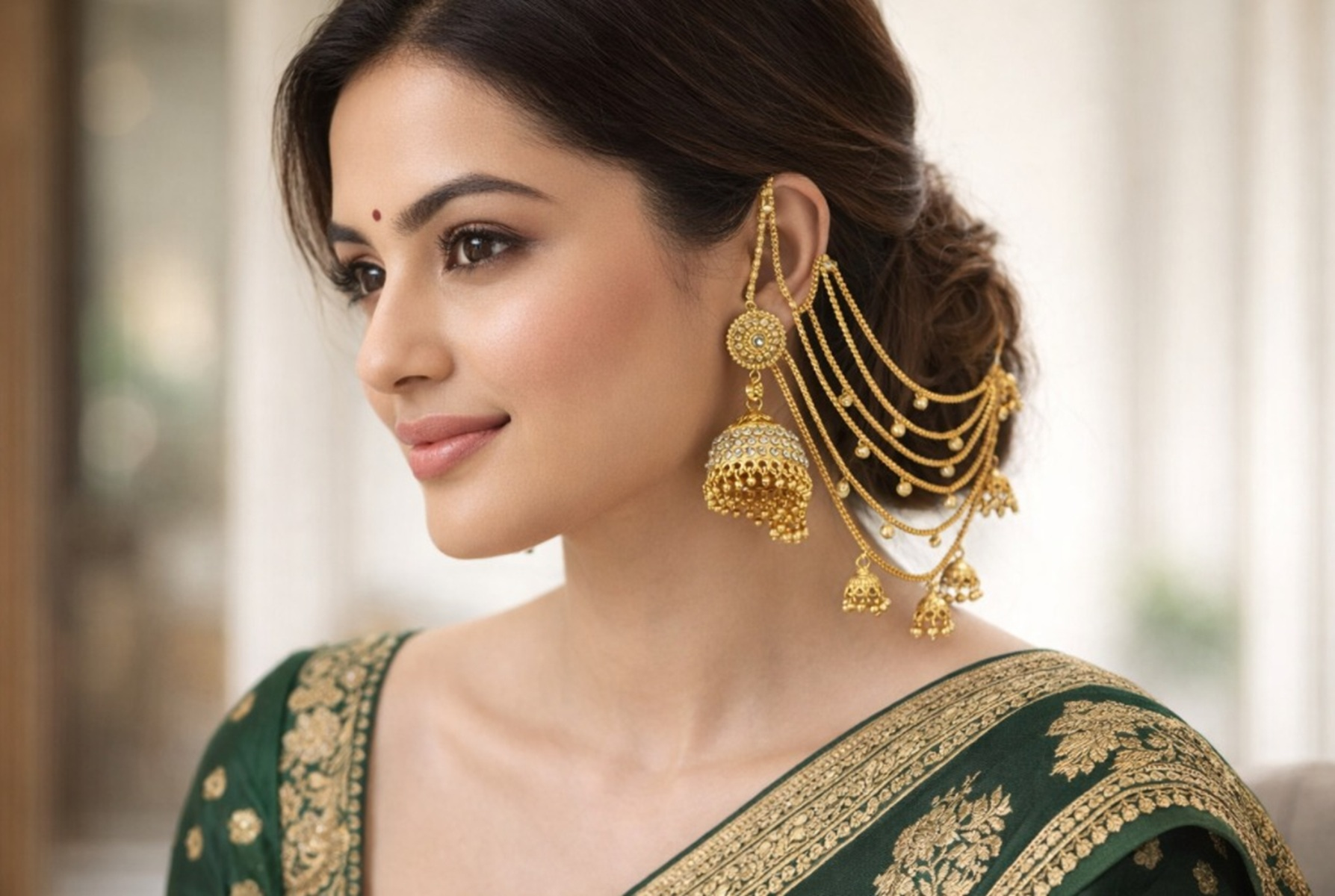 Traditional Gold Plated Ear Chain Jhumka
