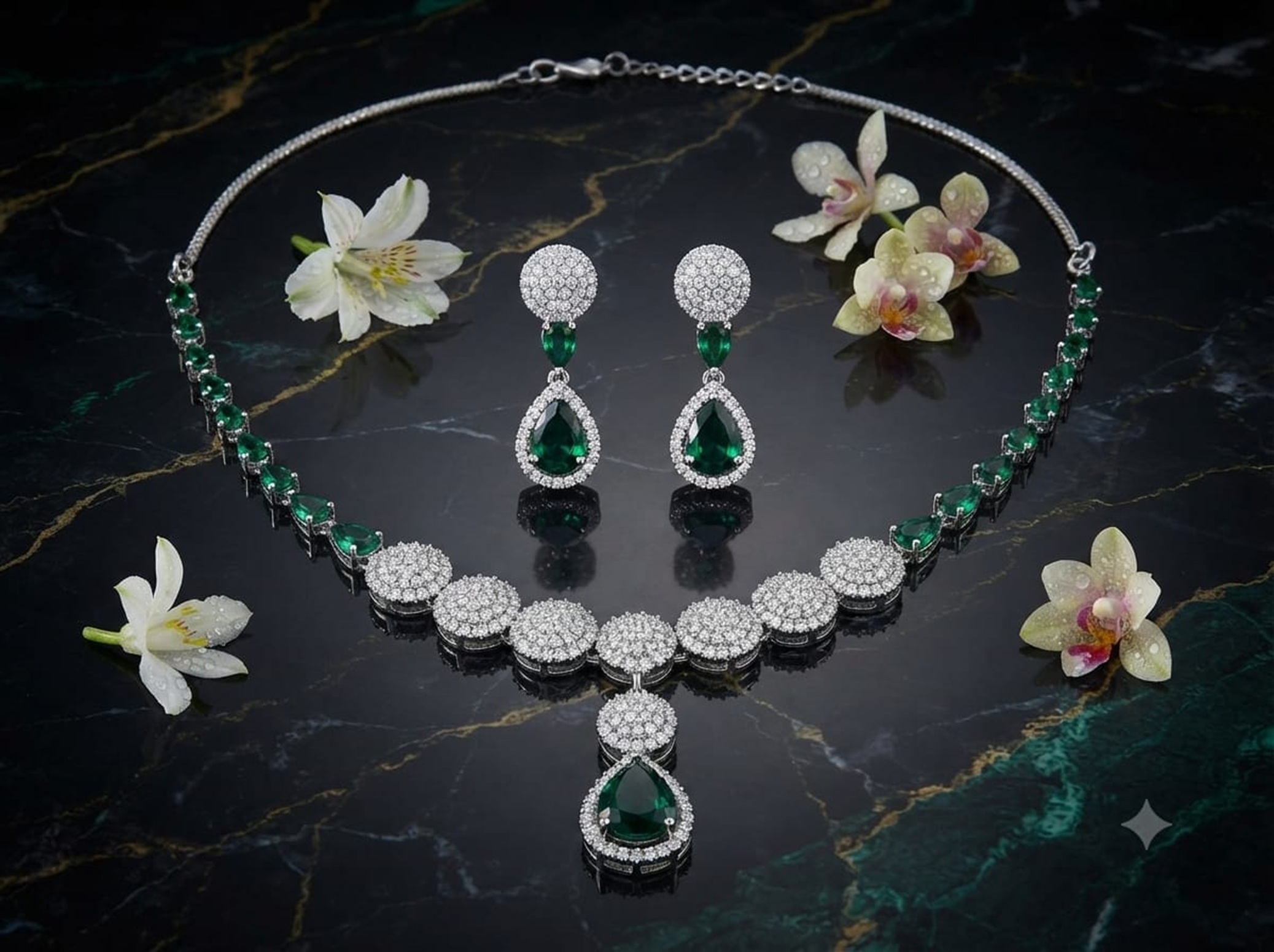 Green Zirconia American Diamond Necklace & Earrings Set