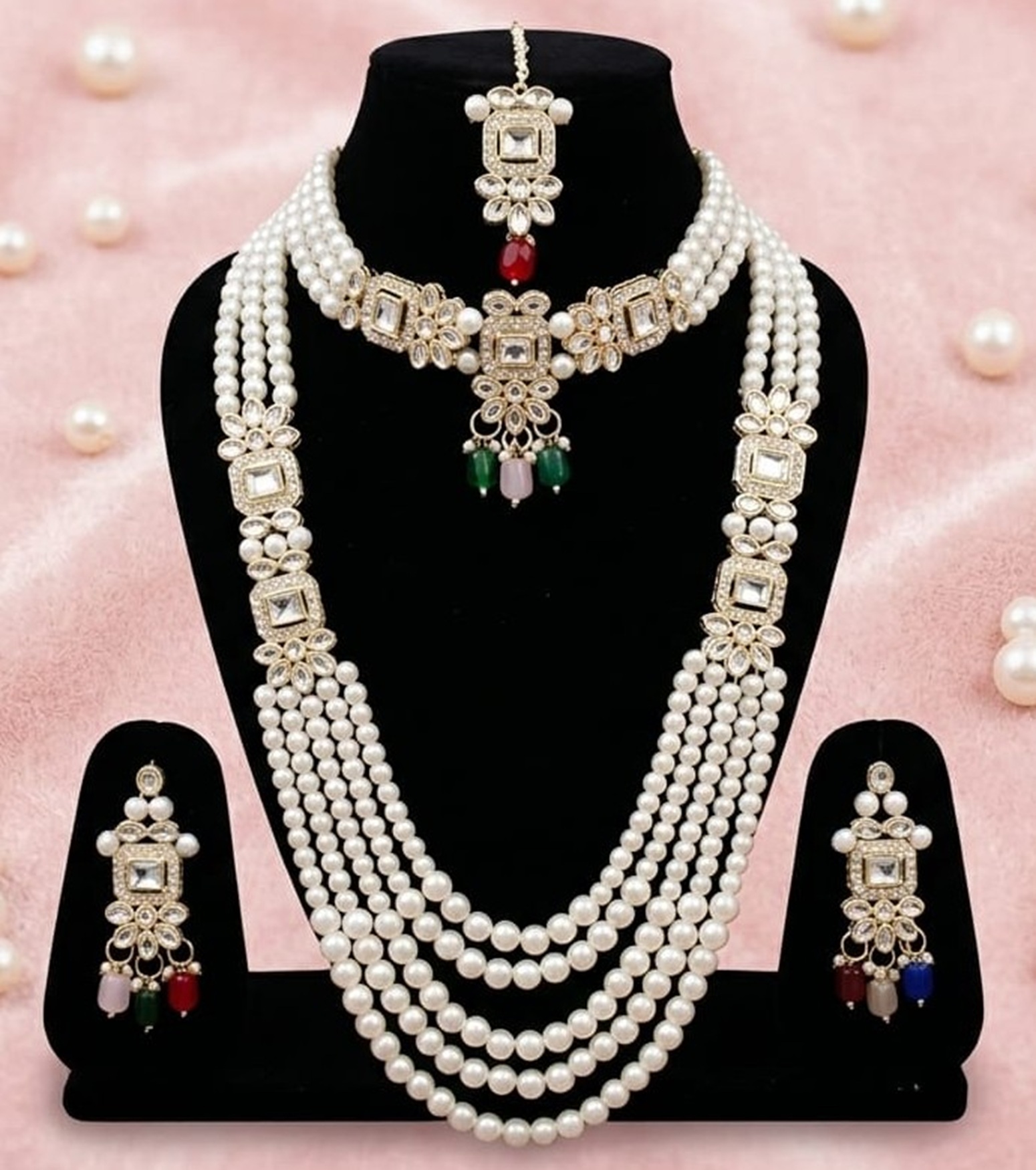 Elegant Pearl & Gemstone Necklace Set