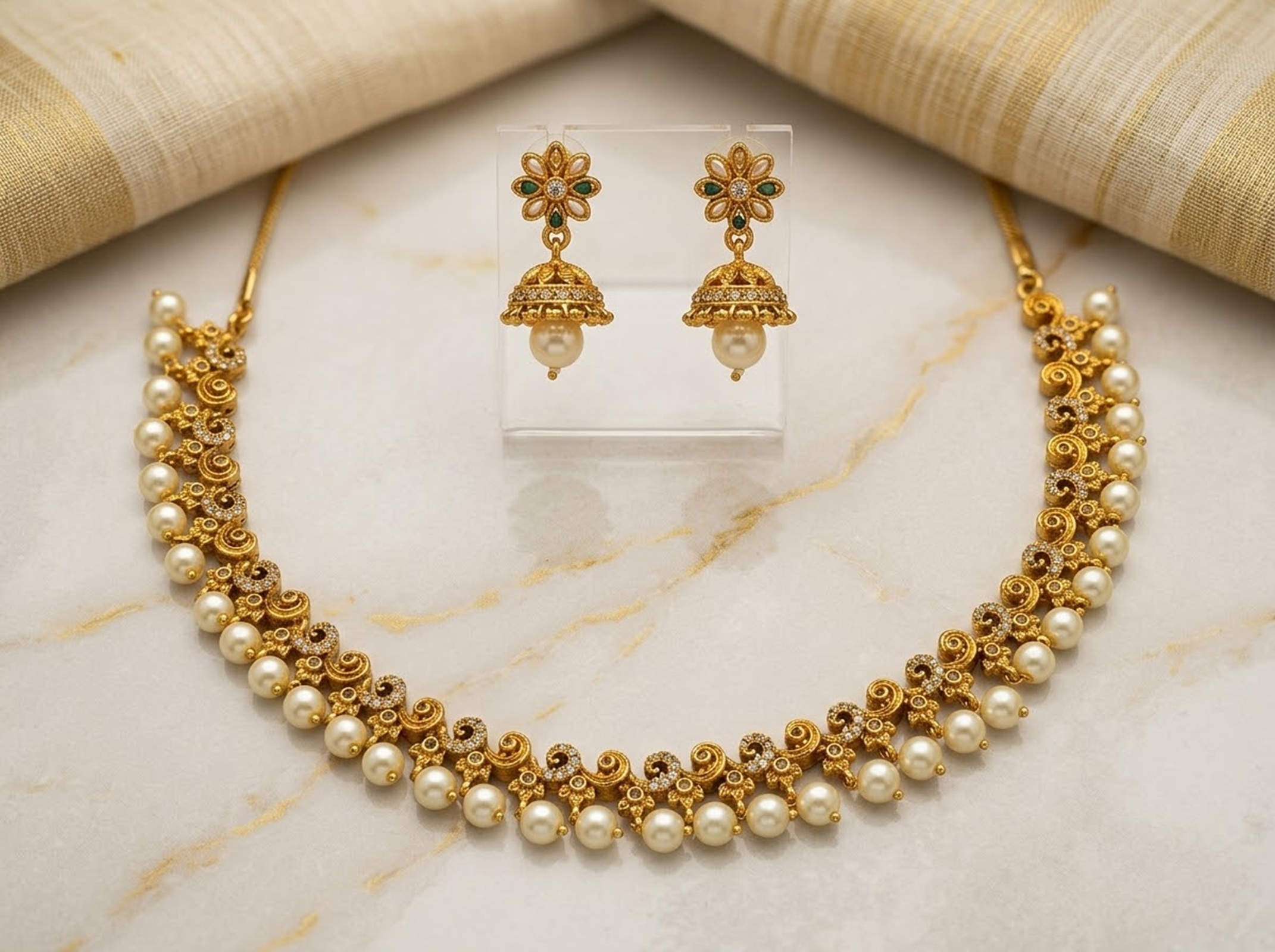 Pearl Gold Plated Antique Necklace Set