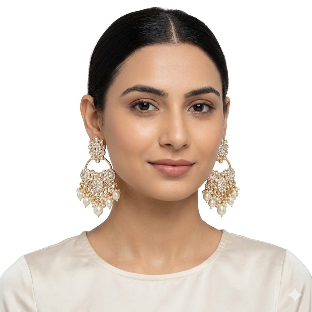 Traditional Pearl Chandbali Earrings Dangle Jhumka