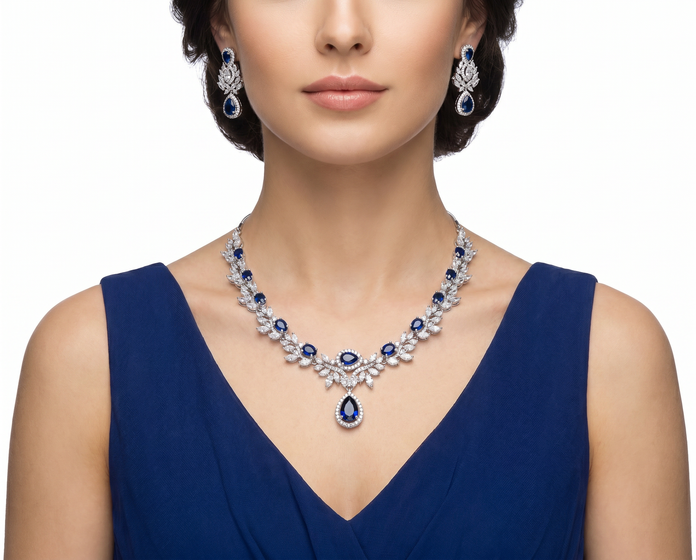 Royal Blue Stone American Diamond Necklace Set