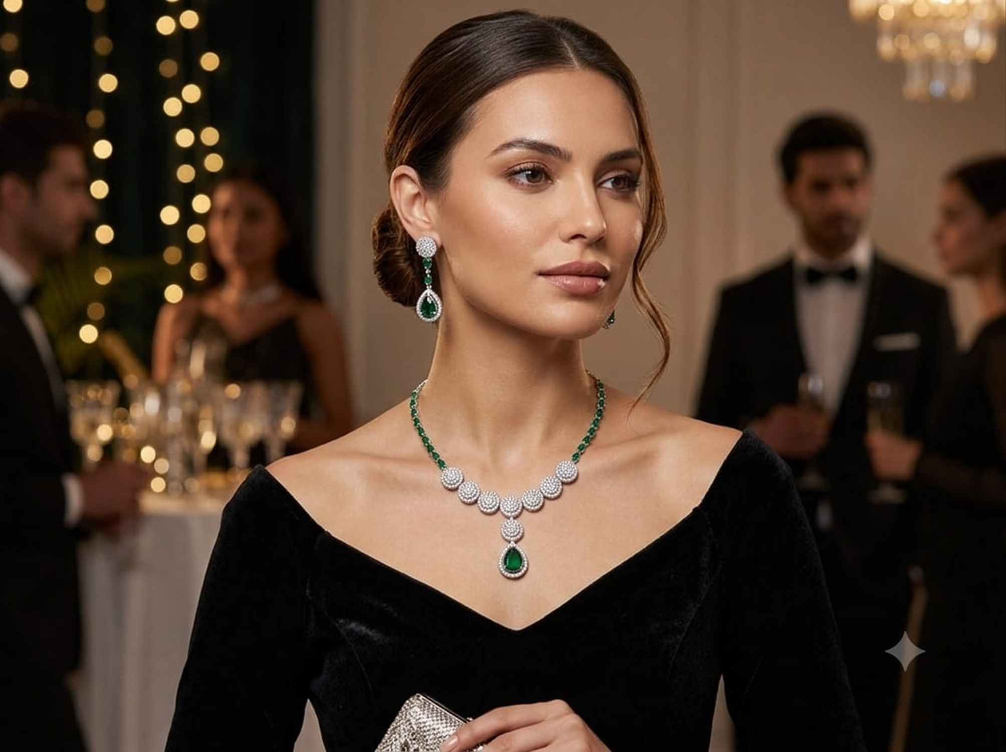 Green Zirconia American Diamond Necklace & Earrings Set