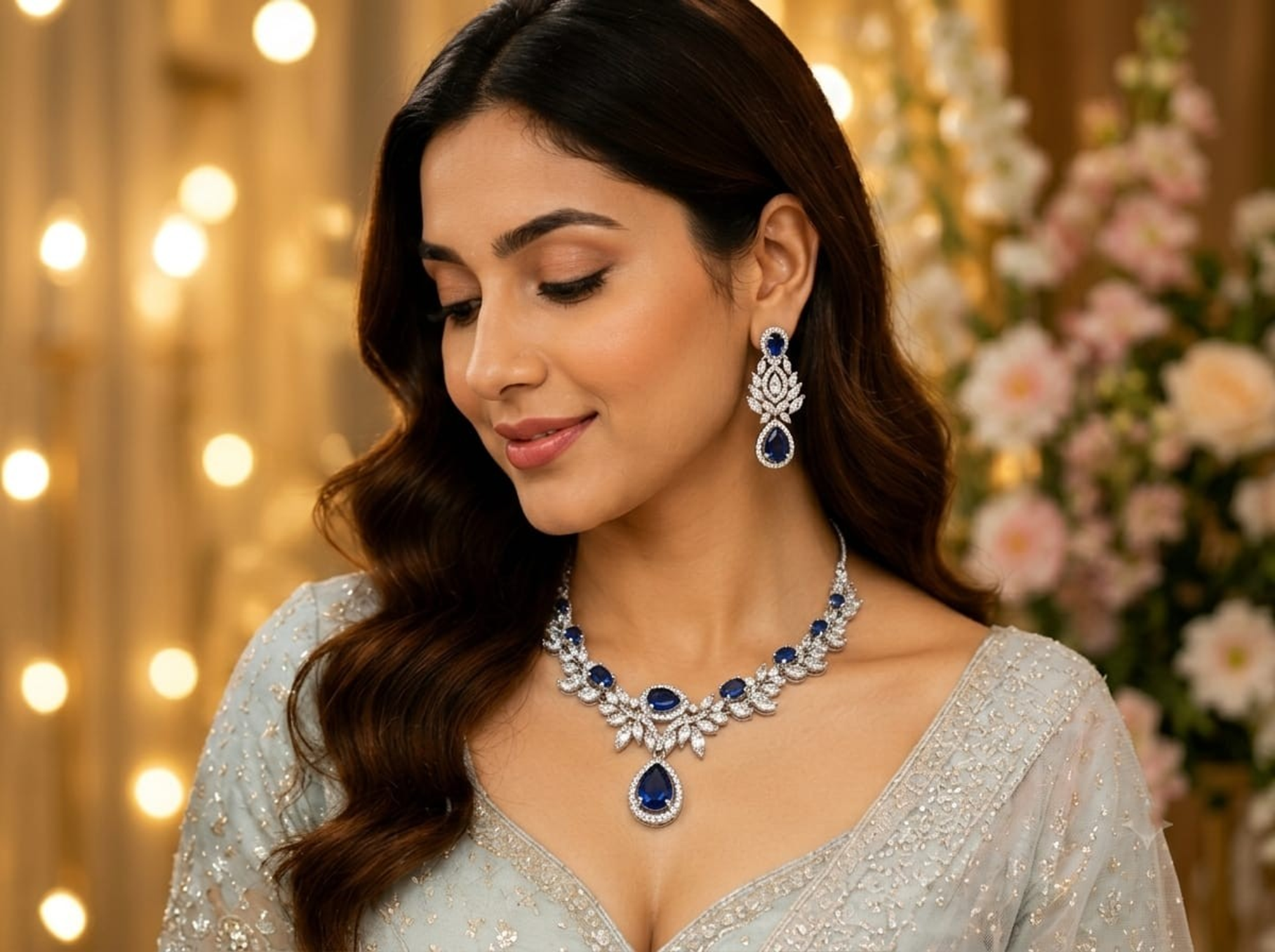 Royal Blue Stone American Diamond Necklace Set