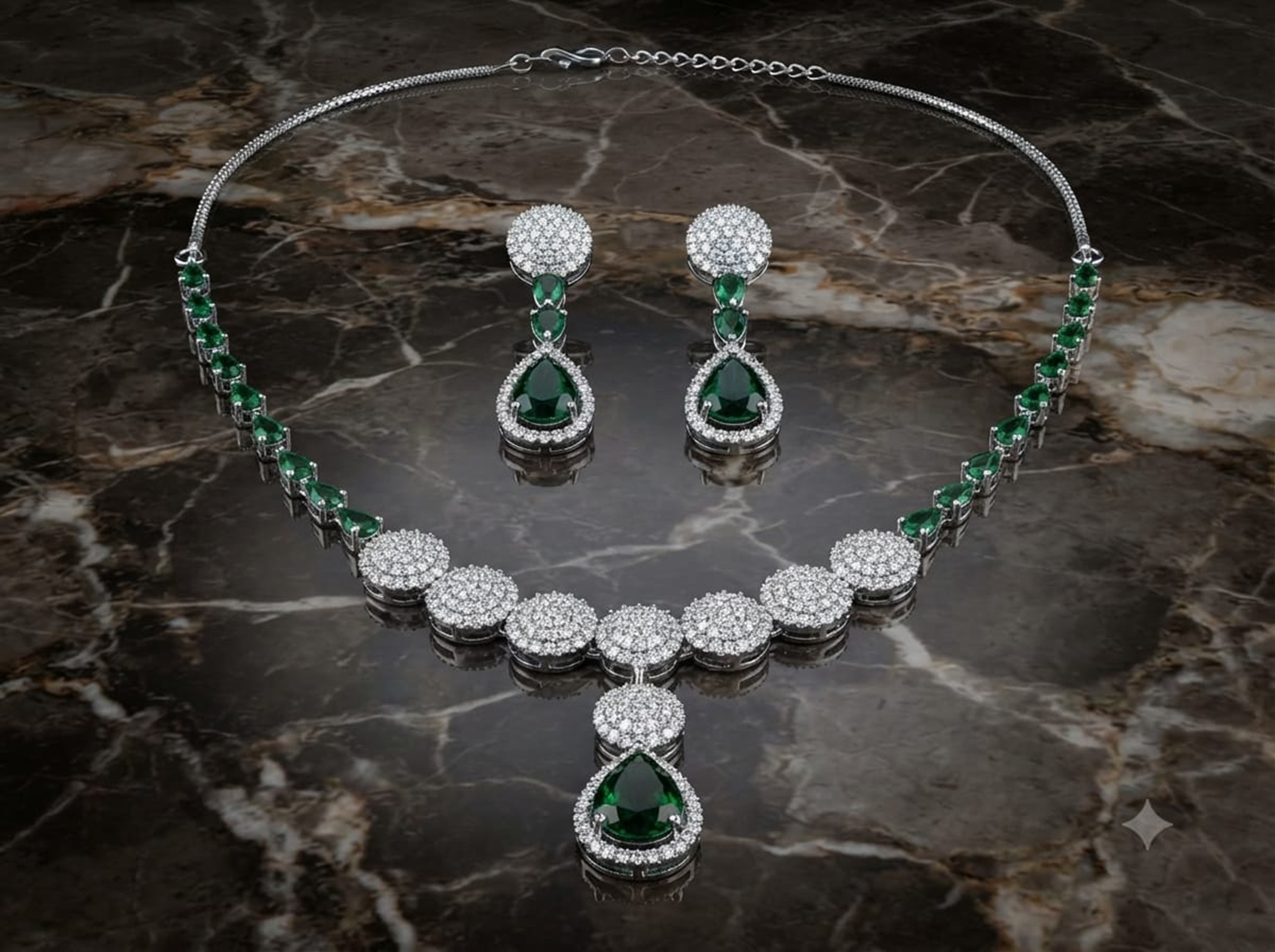 Green Zirconia American Diamond Necklace & Earrings Set