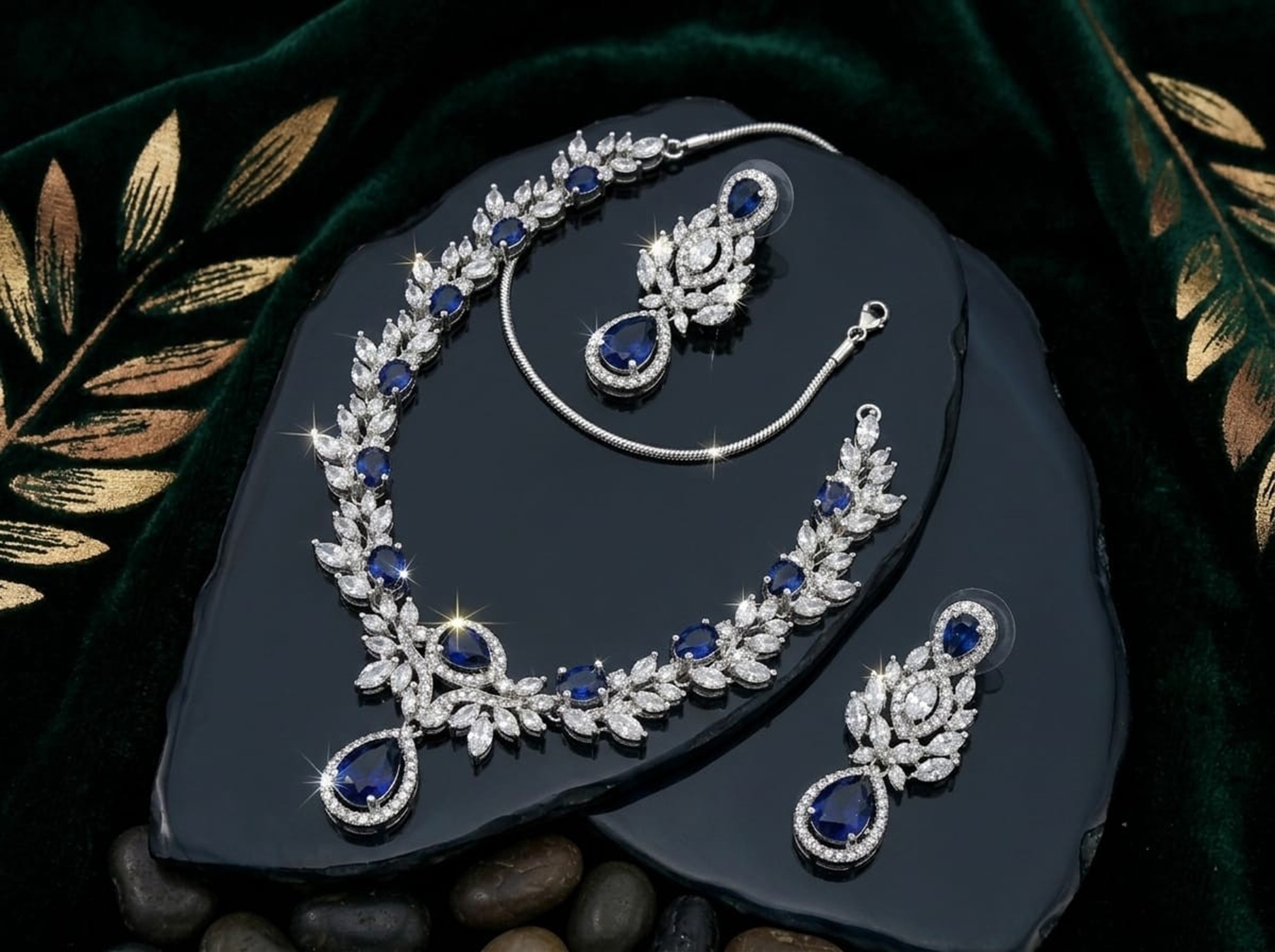 Royal Blue Stone American Diamond Necklace Set
