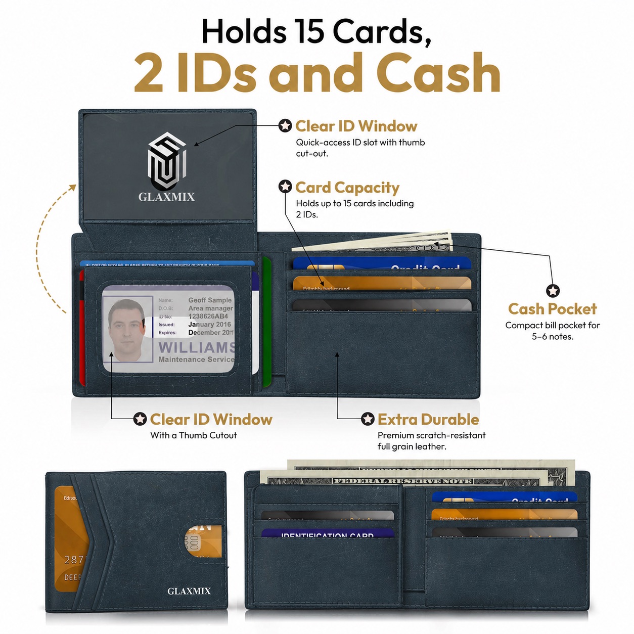 Men's Wallet Crazy Horse Leather - RFID Blocking Bifold Wallet, 2 ID Windows, Holds 15 Cards & Cash (Deep Blue)