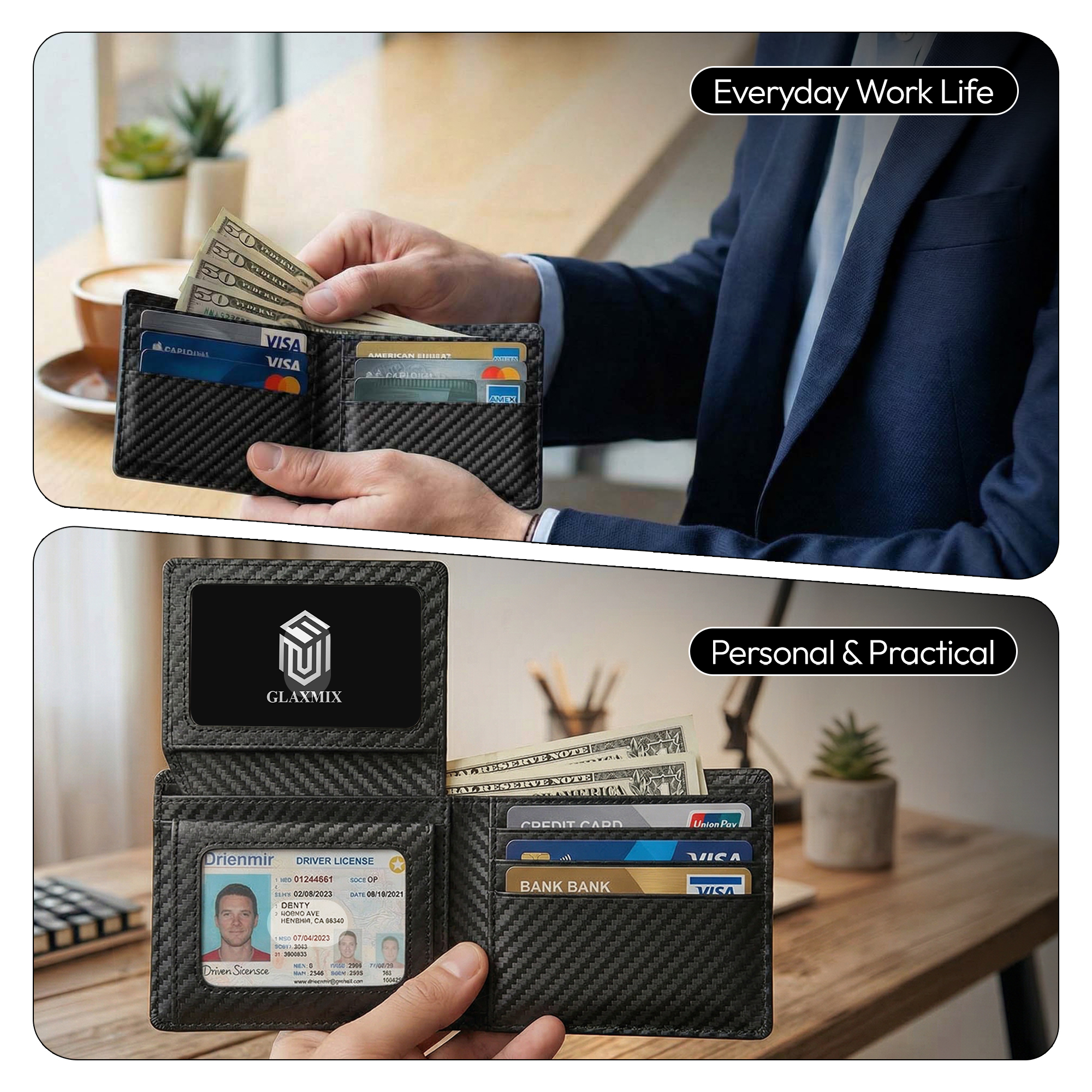 Mens Wallet Carbon Fibre - RFID Blocking Bifold Wallet, 2 ID Windows, Holds 15 Cards & Cash (Black)