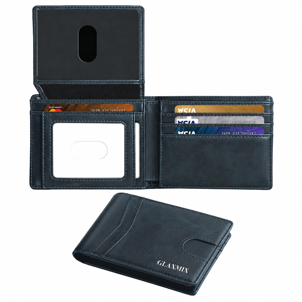 Men's Wallet Crazy Horse Leather - RFID Blocking Bifold Wallet, 2 ID Windows, Holds 15 Cards & Cash (Deep Blue)
