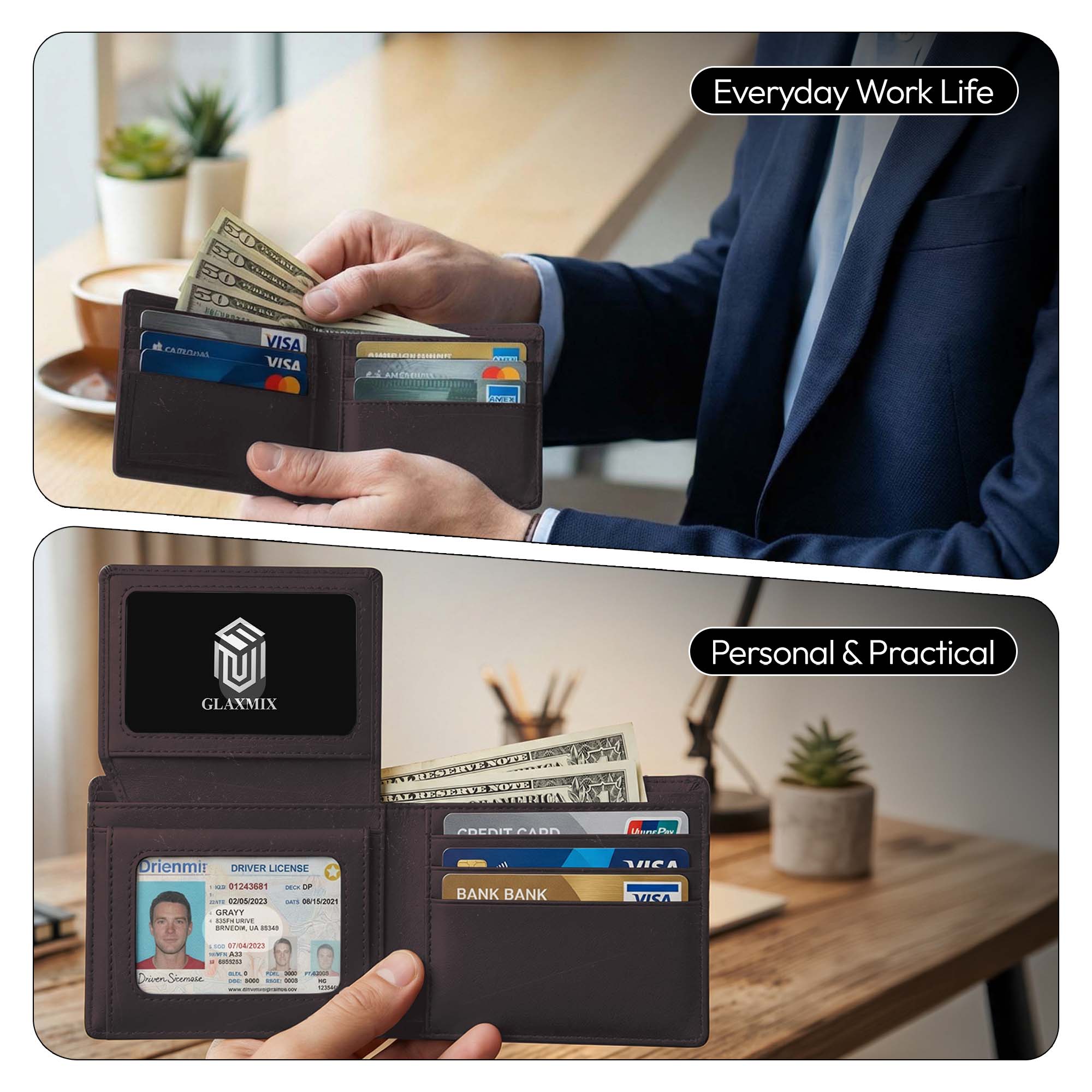 Mens Wallet Carzy Horse Leather - RFID Blocking Bifold Wallet, 2 ID Windows, Holds 15 Cards & Cash (Dark Brown)