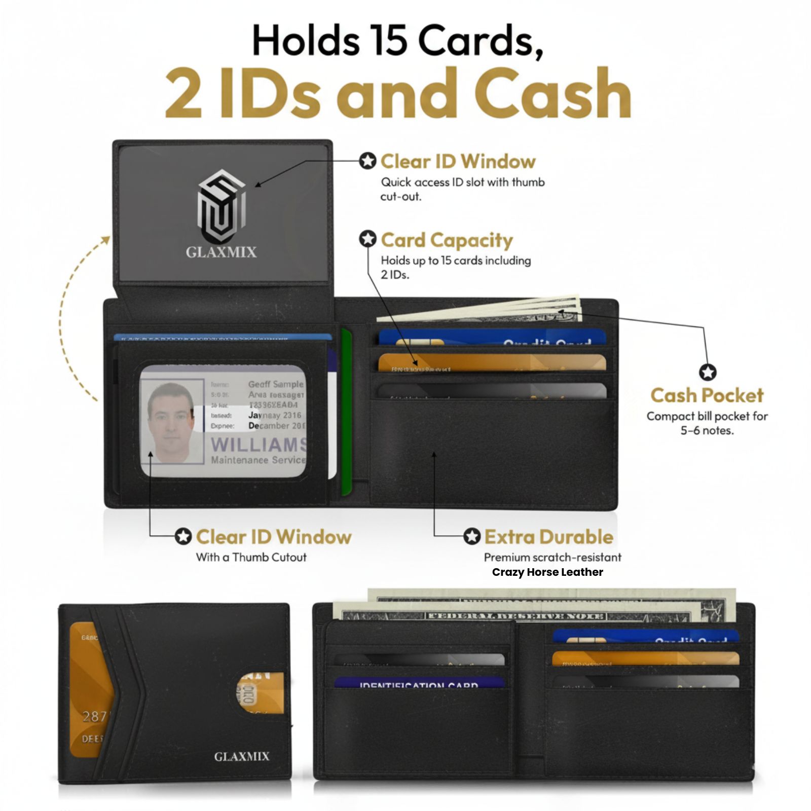 Mens Wallet Genuine Leather - RFID Blocking Bifold Wallet, 2 ID Windows, Holds 15 Cards & Cash (Black)