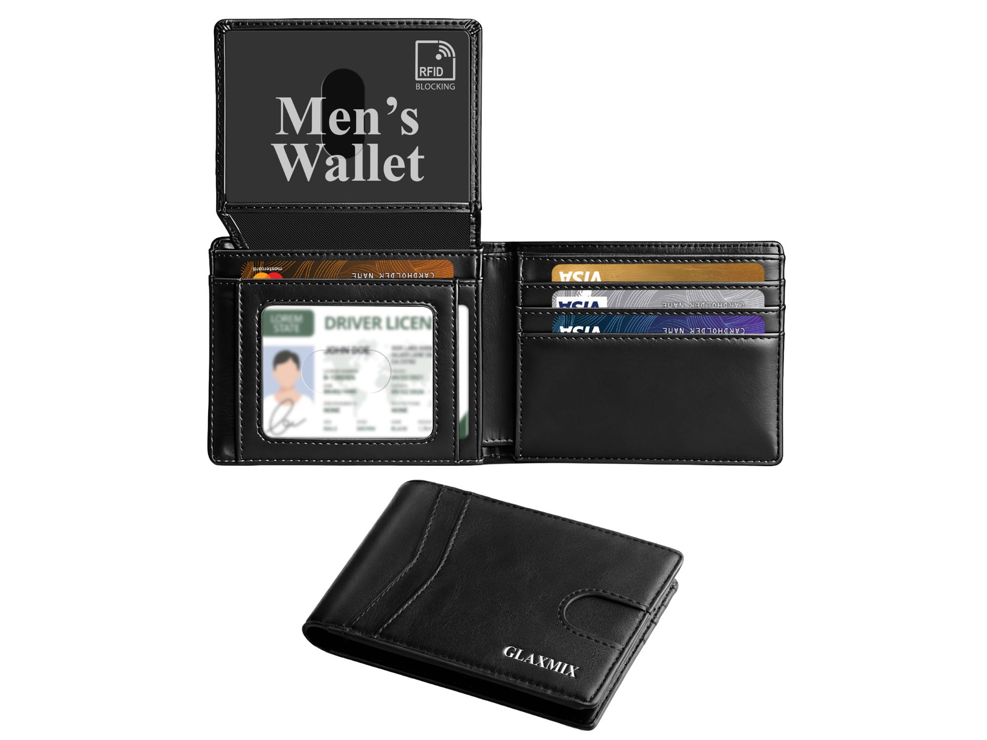 Mens Wallet Genuine Leather - RFID Blocking Bifold Wallet, 2 ID Windows, Holds 15 Cards & Cash (Black)