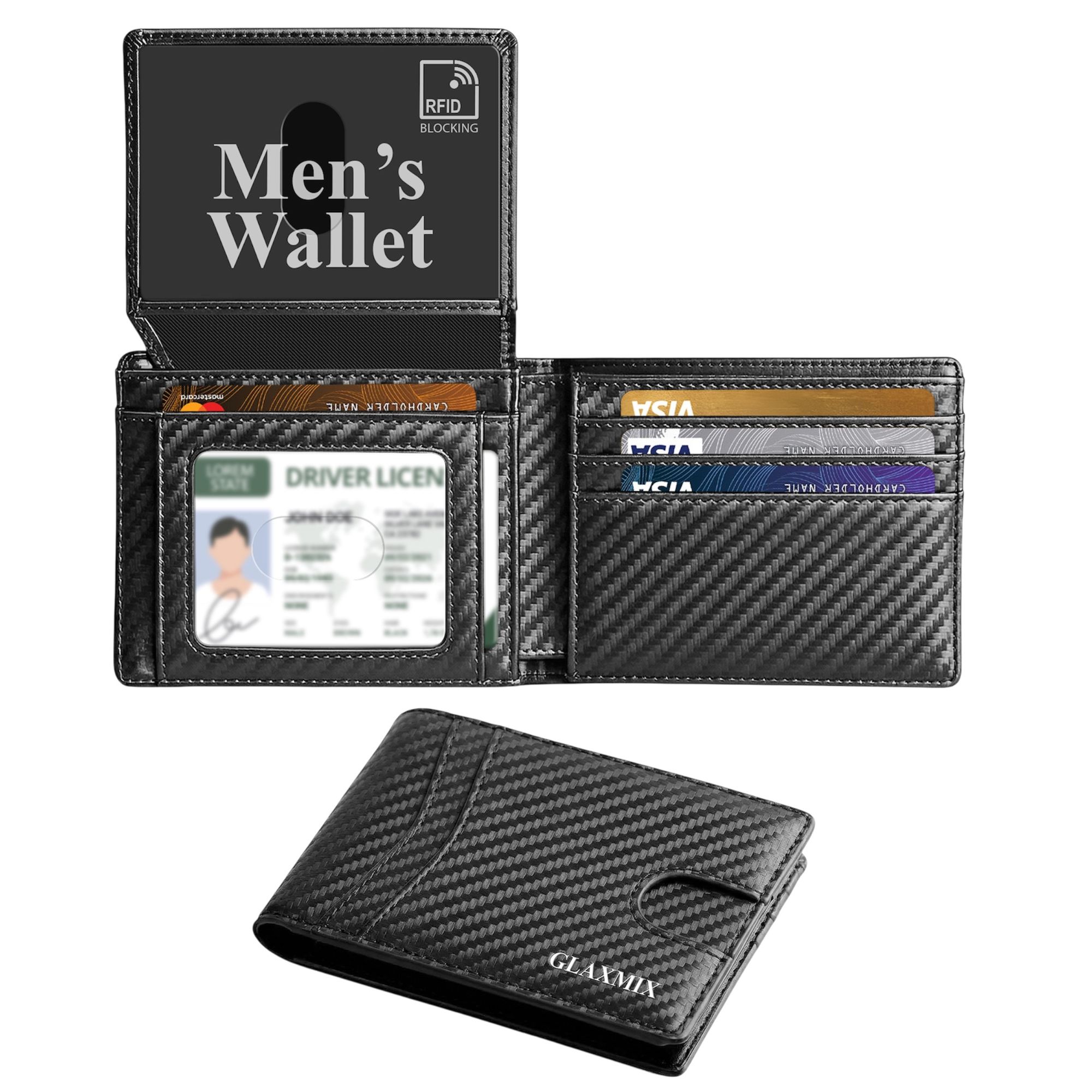Mens Wallet Carbon Fibre - RFID Blocking Bifold Wallet, 2 ID Windows, Holds 15 Cards & Cash (Black)