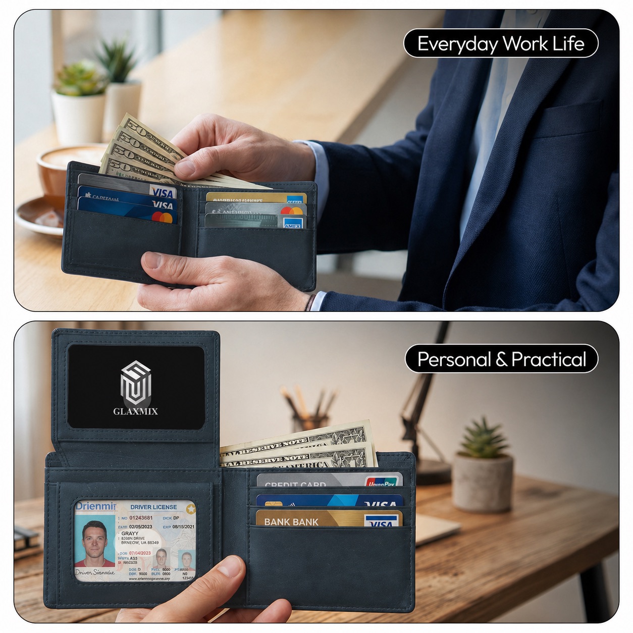 Men's Wallet Crazy Horse Leather - RFID Blocking Bifold Wallet, 2 ID Windows, Holds 15 Cards & Cash (Deep Blue)