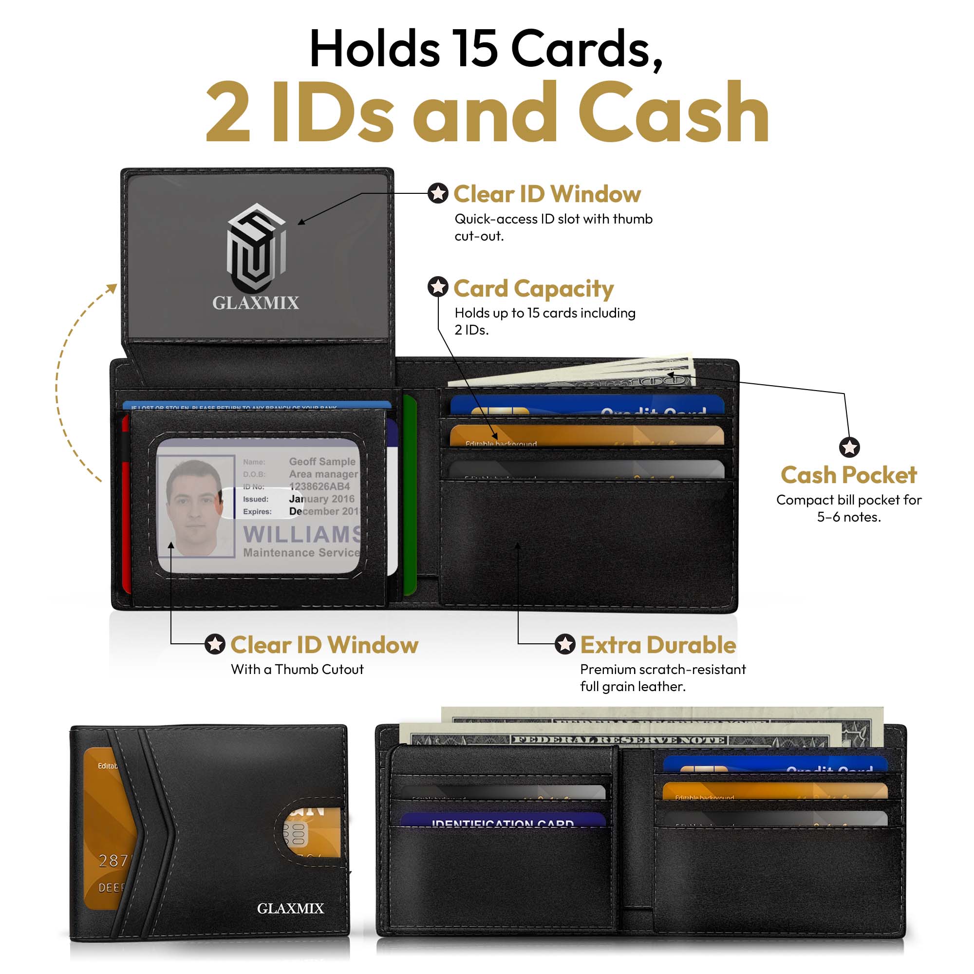 Mens Wallet Genuine Leather - RFID Blocking Bifold Wallet, 2 ID Windows, Holds 15 Cards & Cash (Black)
