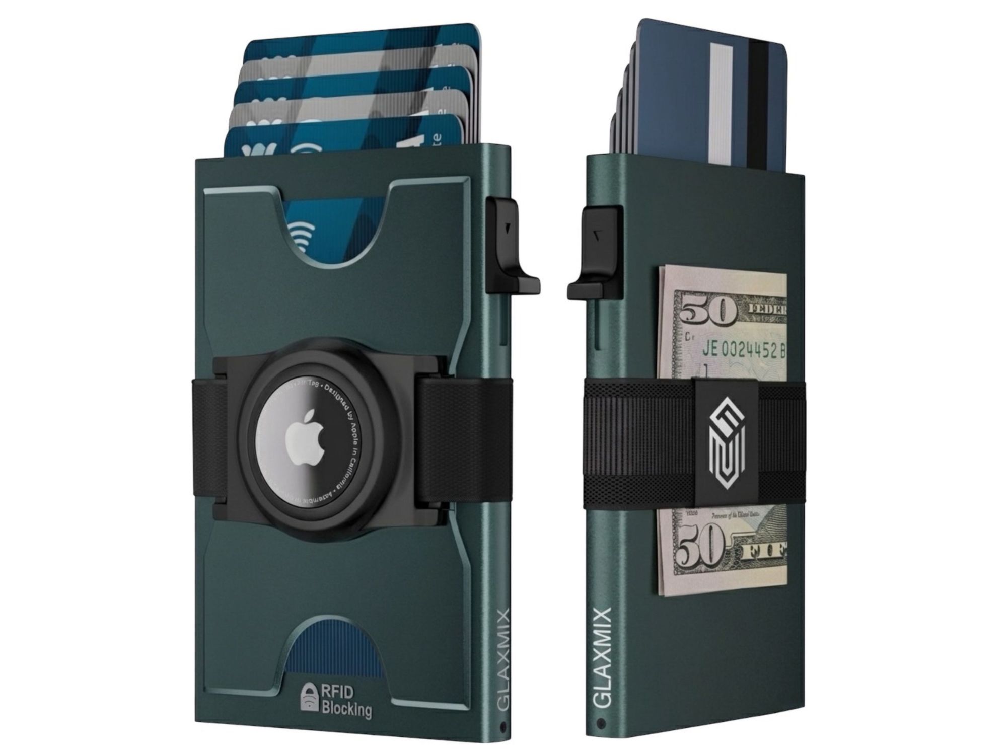 AirTag Wallet Unisex - Pop Up Card Holder with RFID Blocking - Holds 10 Cards, Cash and AirTag (Midnight Green)