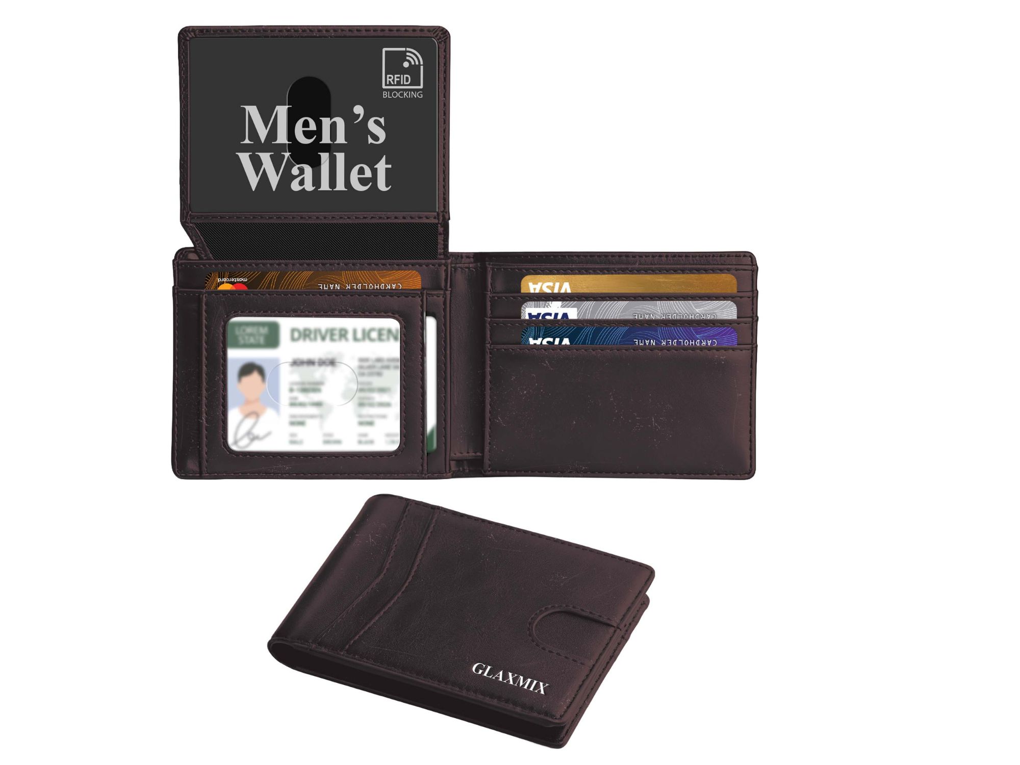 Mens Wallet Carzy Horse Leather - RFID Blocking Bifold Wallet, 2 ID Windows, Holds 15 Cards & Cash (Dark Brown)