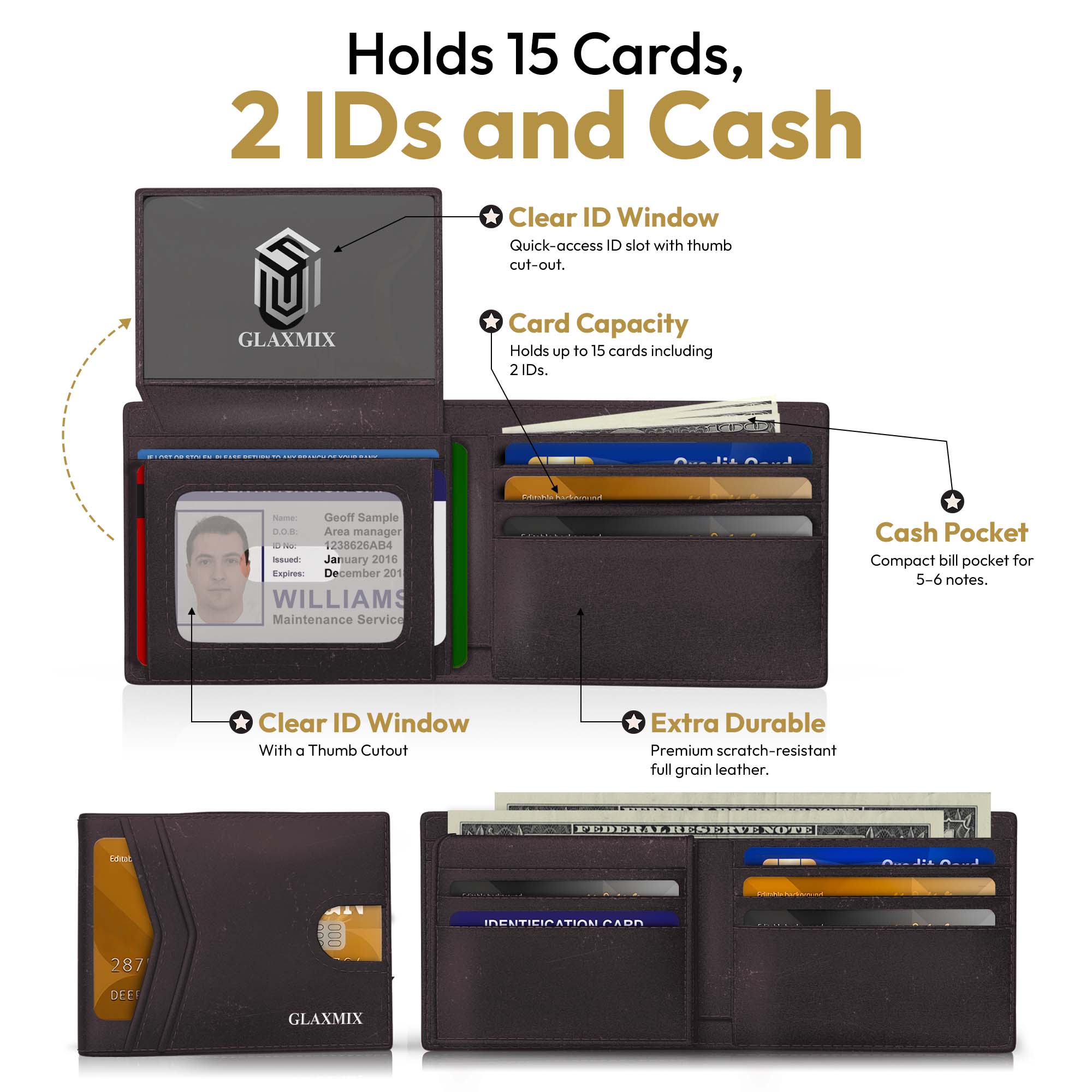 Mens Wallet Carzy Horse Leather - RFID Blocking Bifold Wallet, 2 ID Windows, Holds 15 Cards & Cash (Dark Brown)