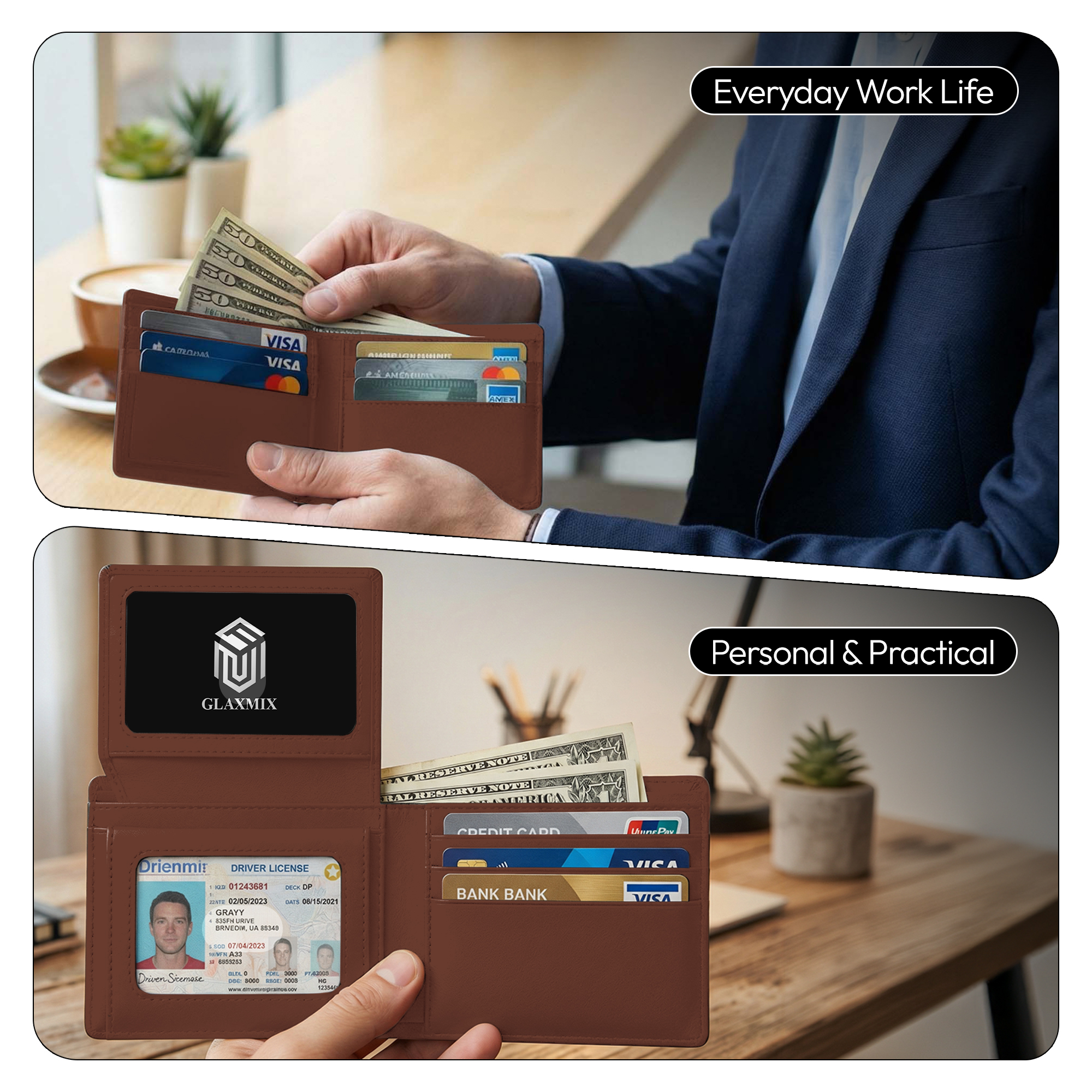 Mens Wallet Genuine Leather - RFID Blocking Bifold Wallet, 2 ID Windows, Holds 15 Cards & Cash (Saddle Brown)