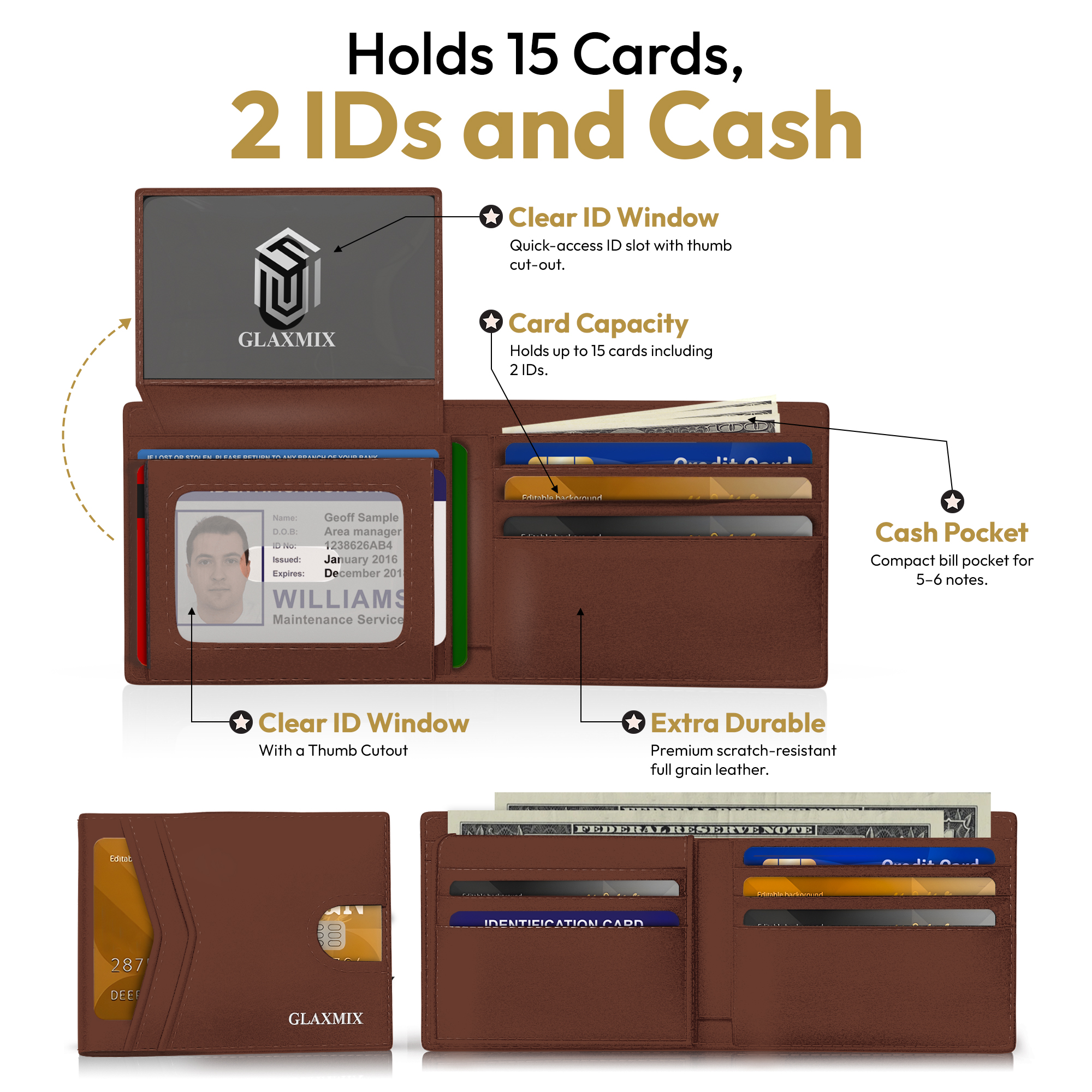 Mens Wallet Genuine Leather - RFID Blocking Bifold Wallet, 2 ID Windows, Holds 15 Cards & Cash (Saddle Brown)