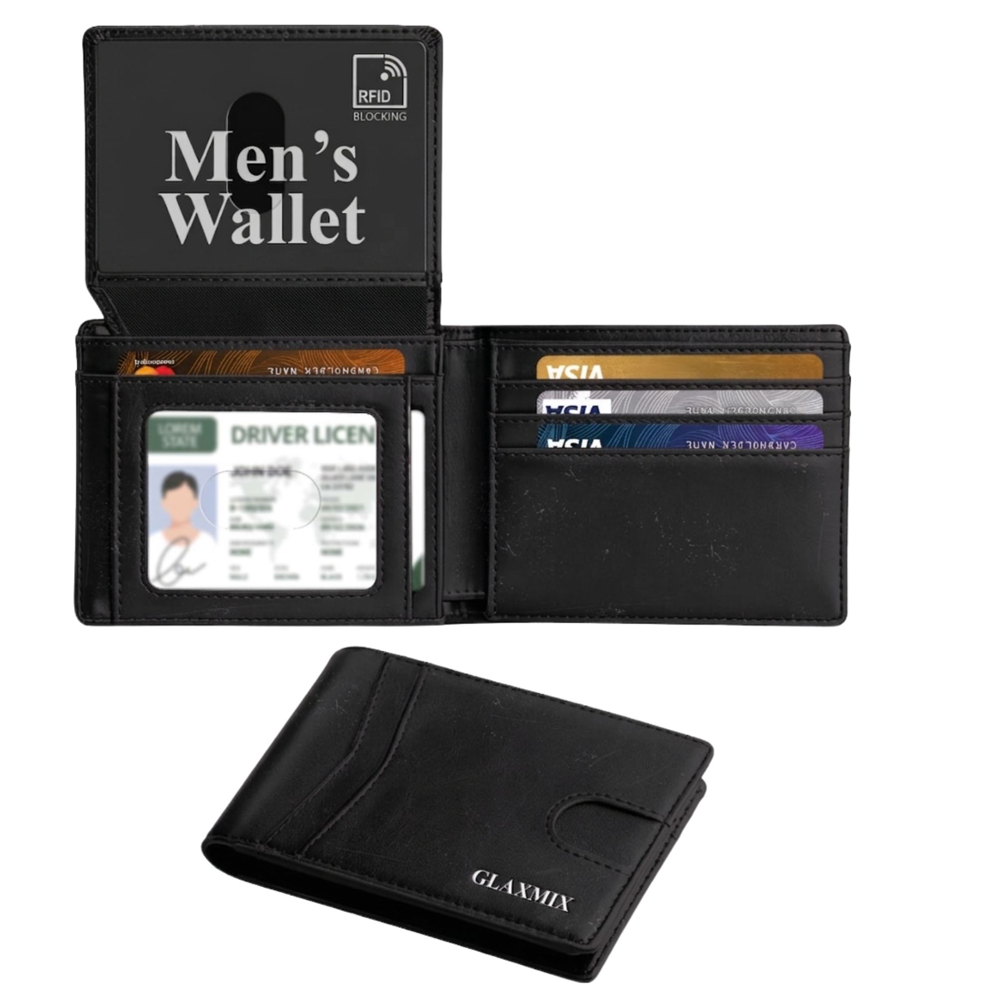 Mens Wallet Genuine Leather - RFID Blocking Bifold Wallet, 2 ID Windows, Holds 15 Cards & Cash (Black)
