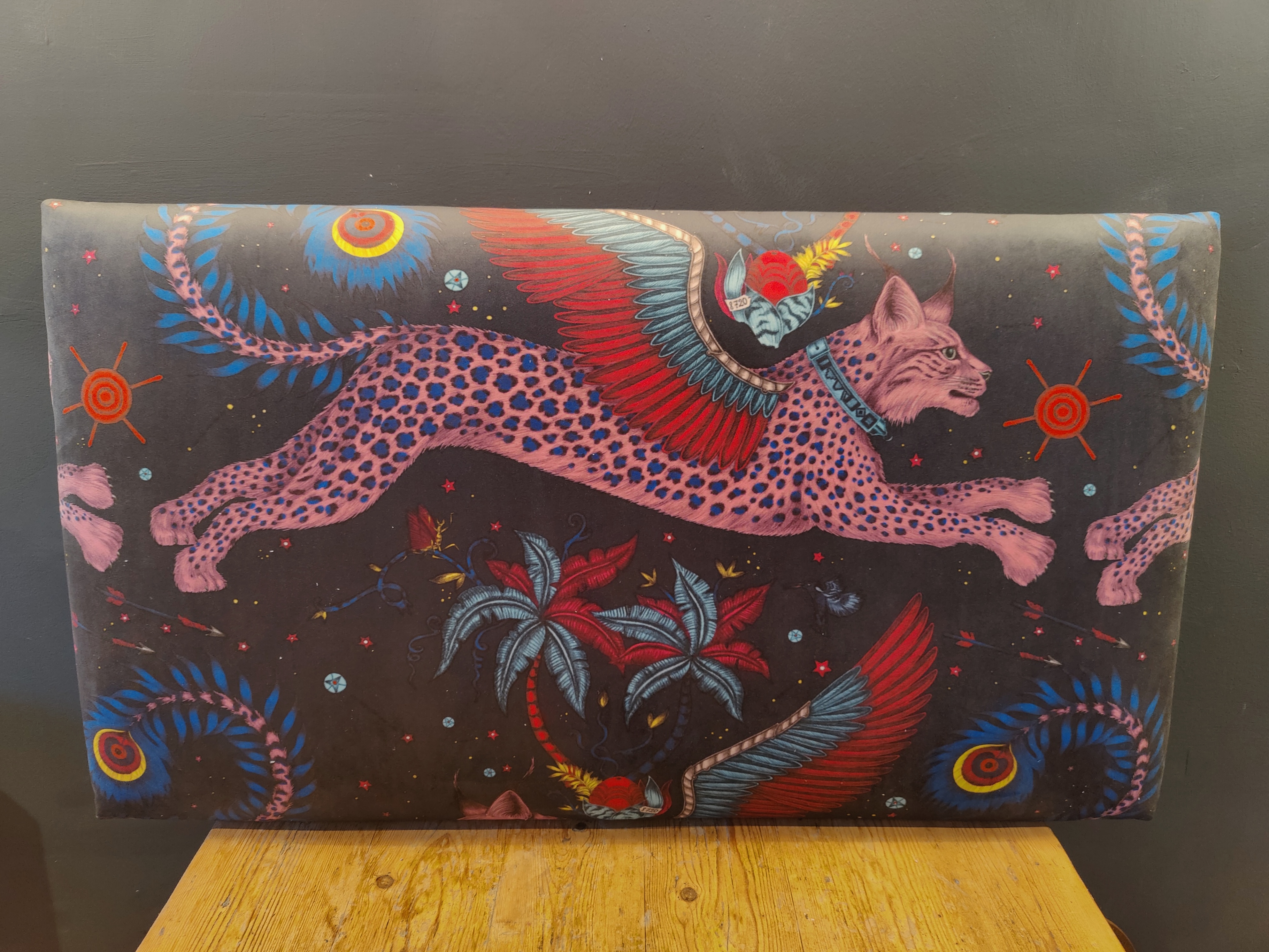 Colourful velvet upholstered single headboard