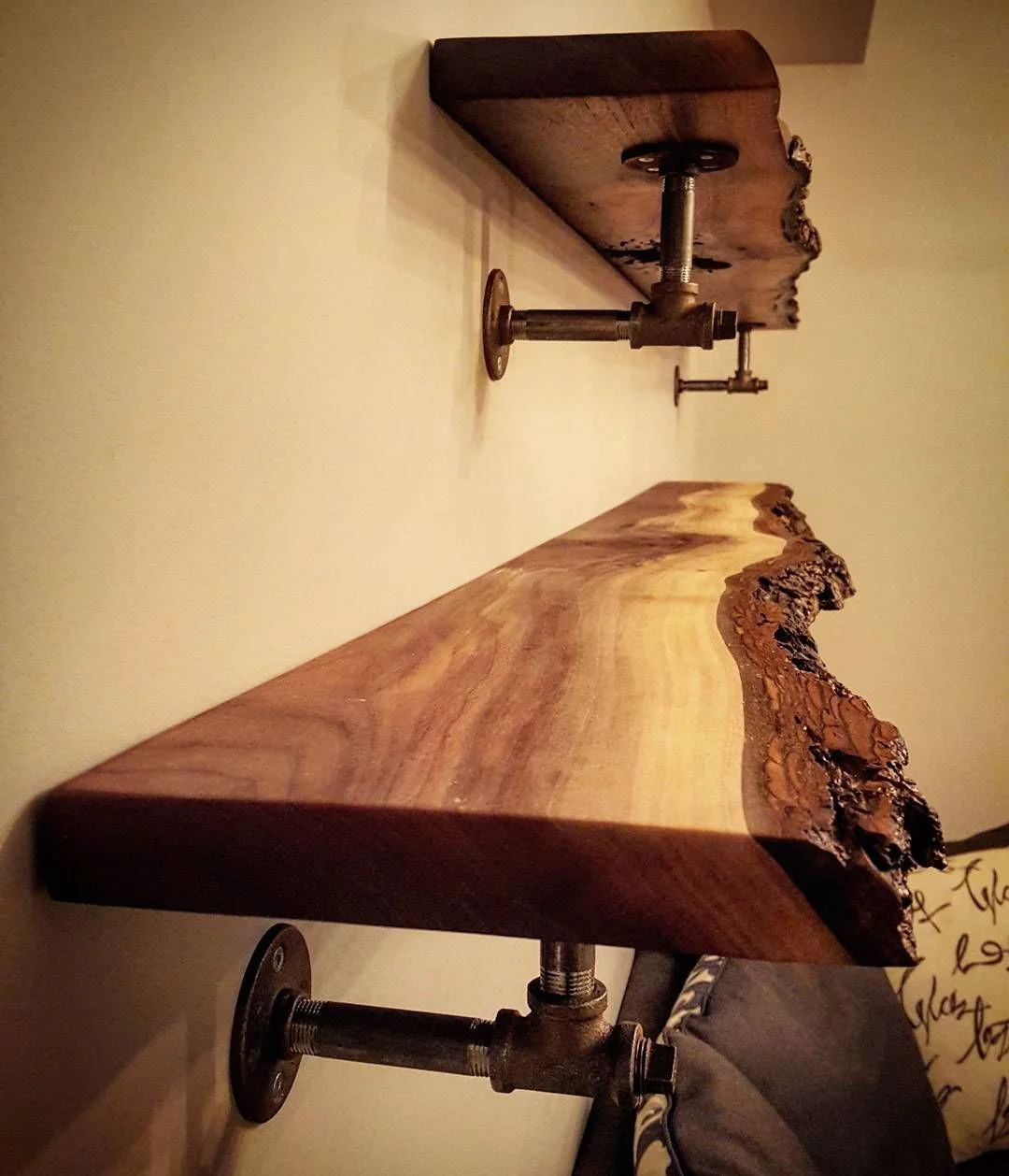 Black Walnut Live Edge Shelving Bark On Pipe Hardware