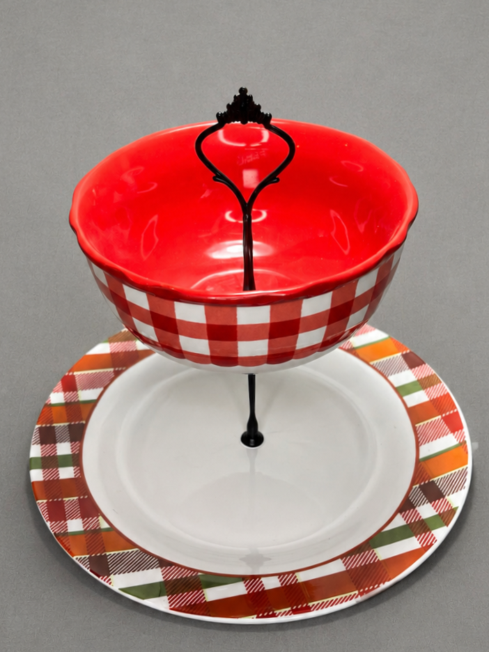 Two Tier Plaid Ceramic Serving Stand | 2PA119