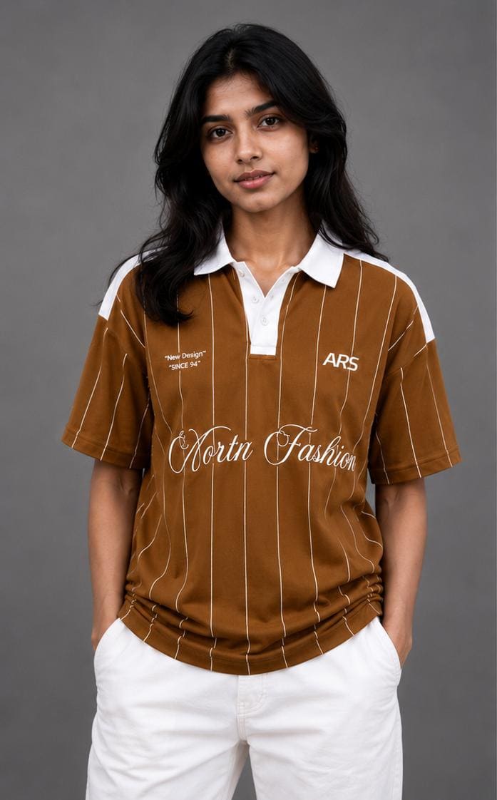 XELVANO Caramel Brown Varsity Pinstripe Polo Jersey