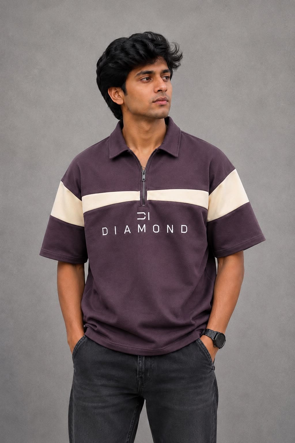 Diamond Quarter-Zip Polo T-Shirt - Plum Purple