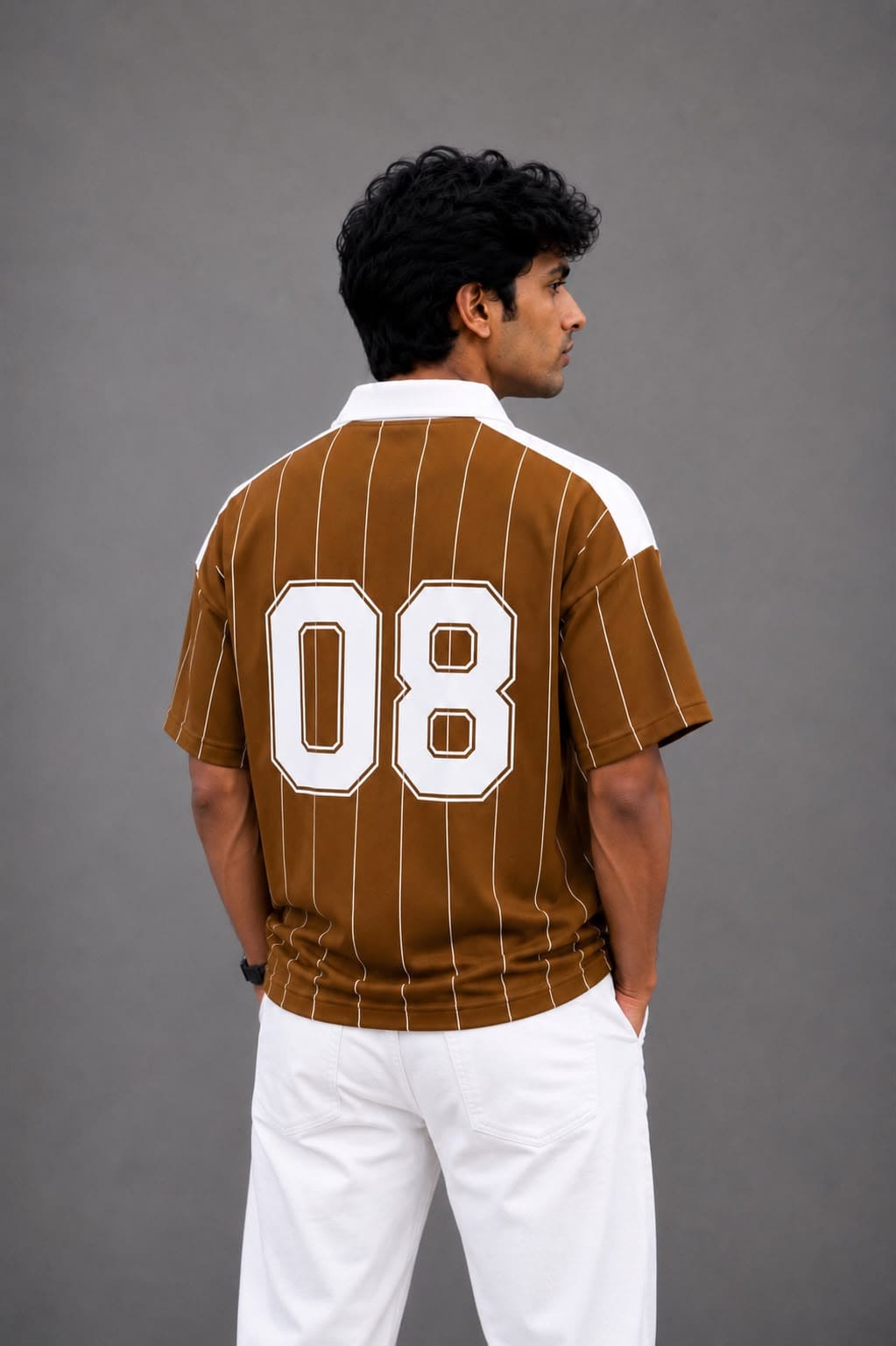 XELVANO Caramel Brown Varsity Pinstripe Polo Jersey