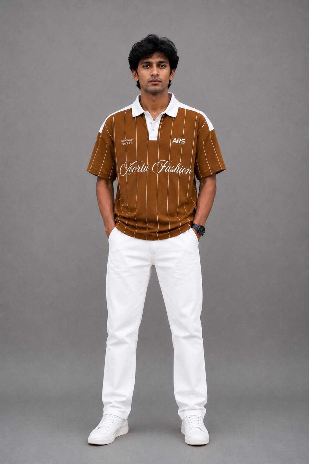 XELVANO Caramel Brown Varsity Pinstripe Polo Jersey