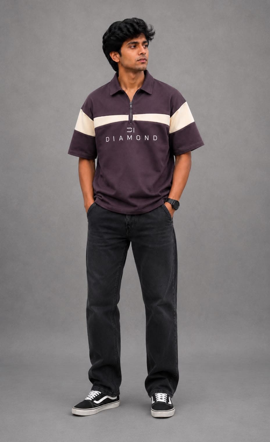 Diamond Quarter-Zip Polo T-Shirt - Plum Purple