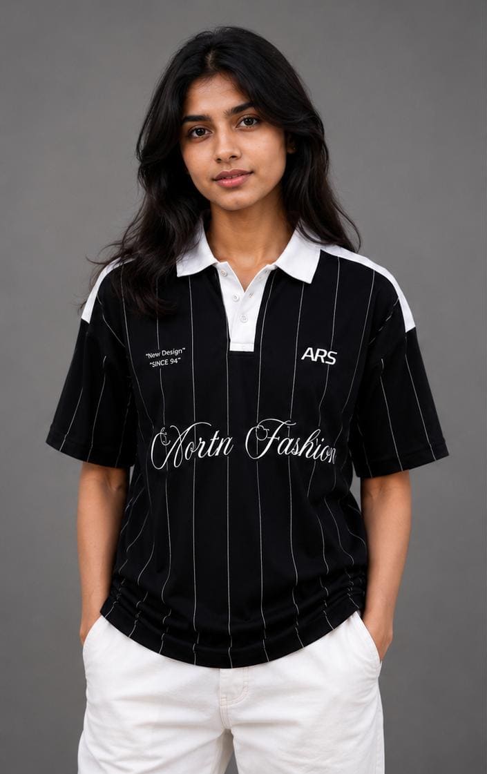 XELVANO Black Varsity Pinstripe Polo Jersey