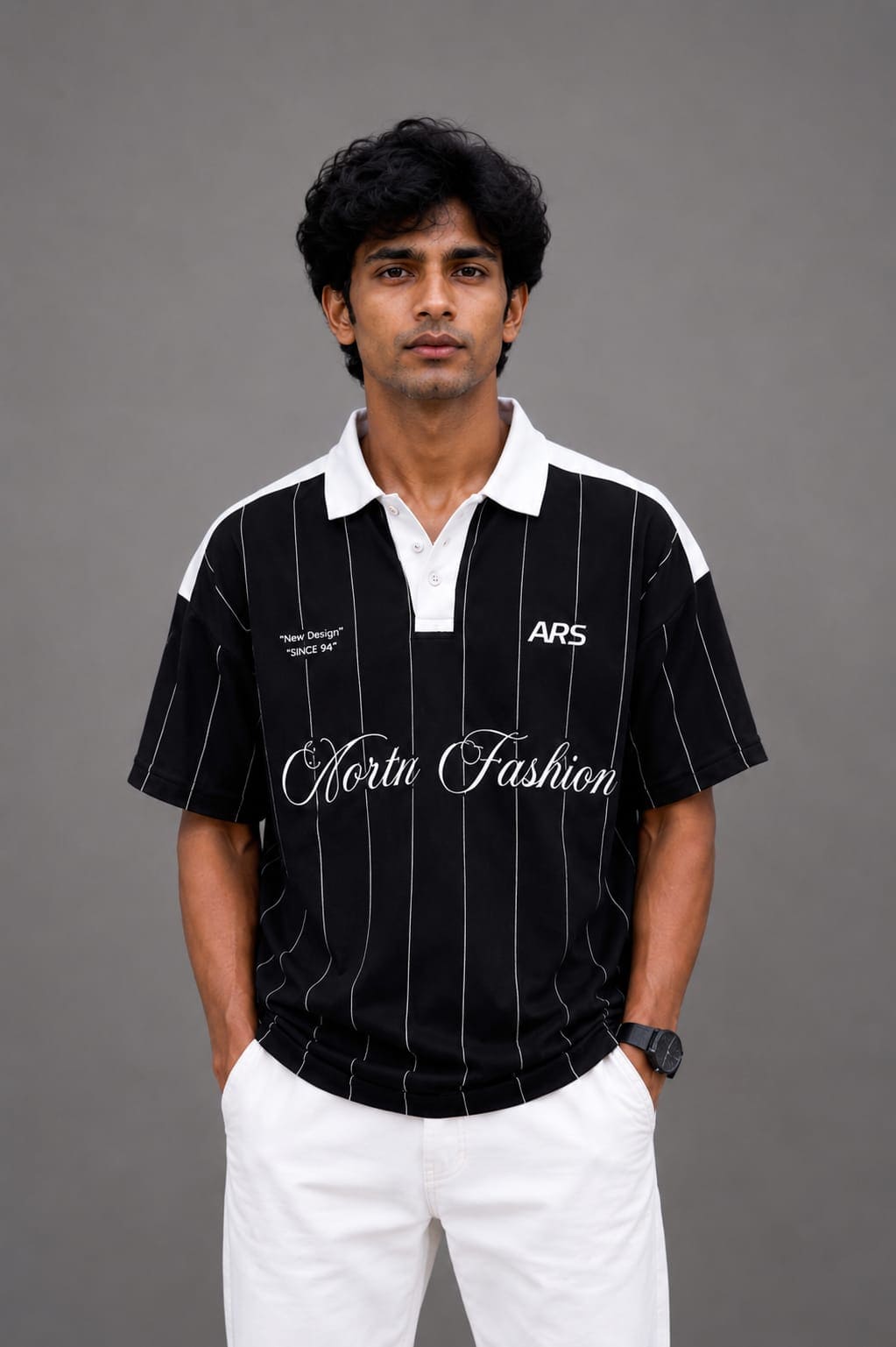 XELVANO Black Varsity Pinstripe Polo Jersey
