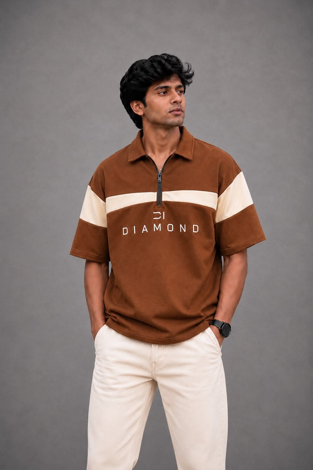 Diamond Quarter-Zip Polo T-Shirt - Cognac Brown